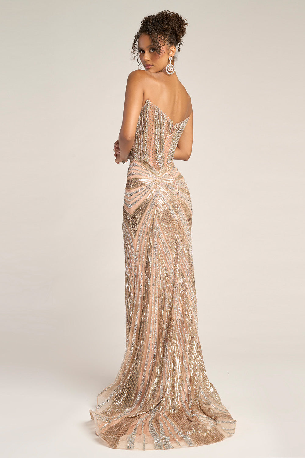 Portia and Scarlett PS26431c Rose gold silver mermaid prom dress with stunning sequins, back view.