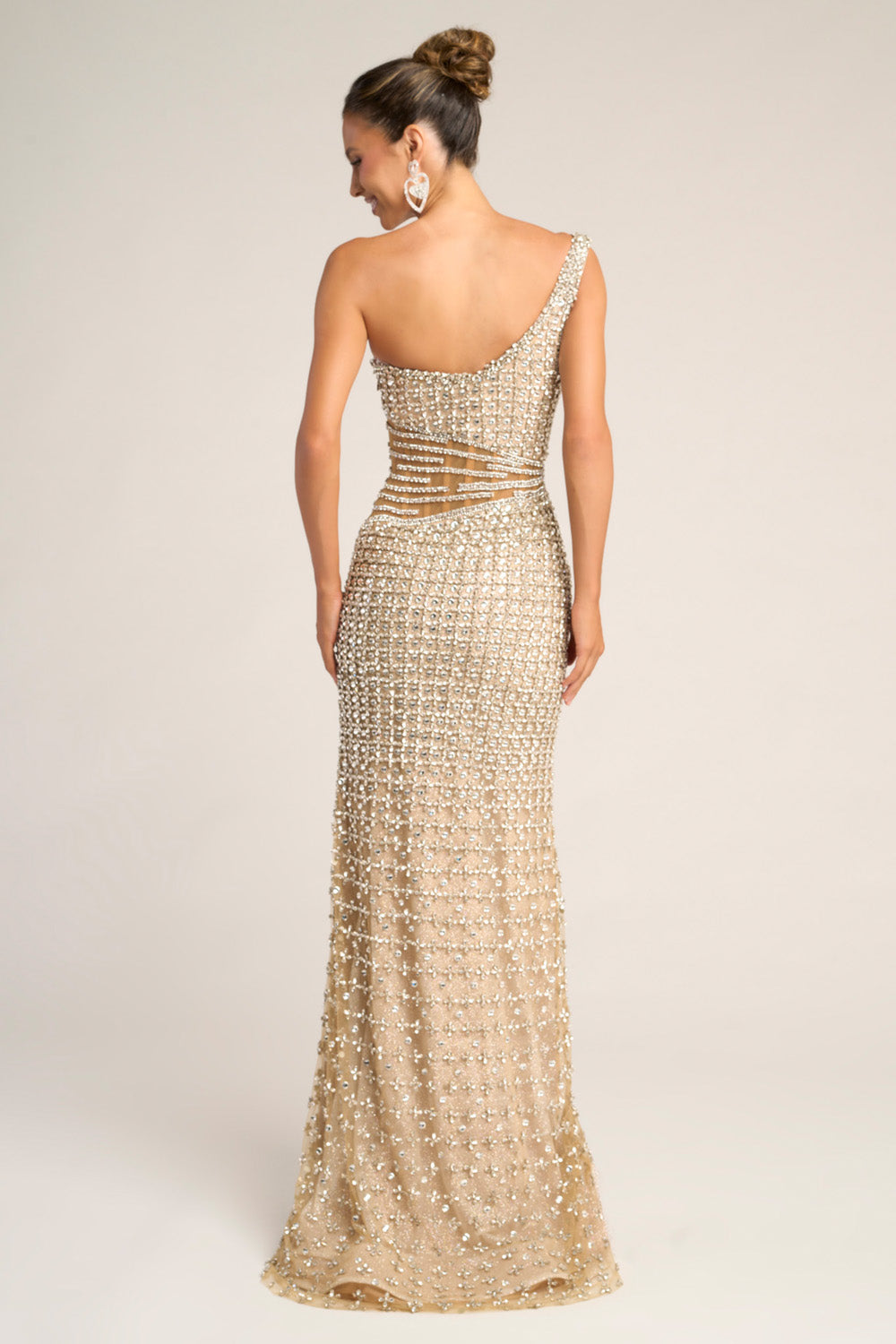Portia and Scarlett PS26434c Nude silver mermaid prom dress with stunning beading and a one-shoulder design.