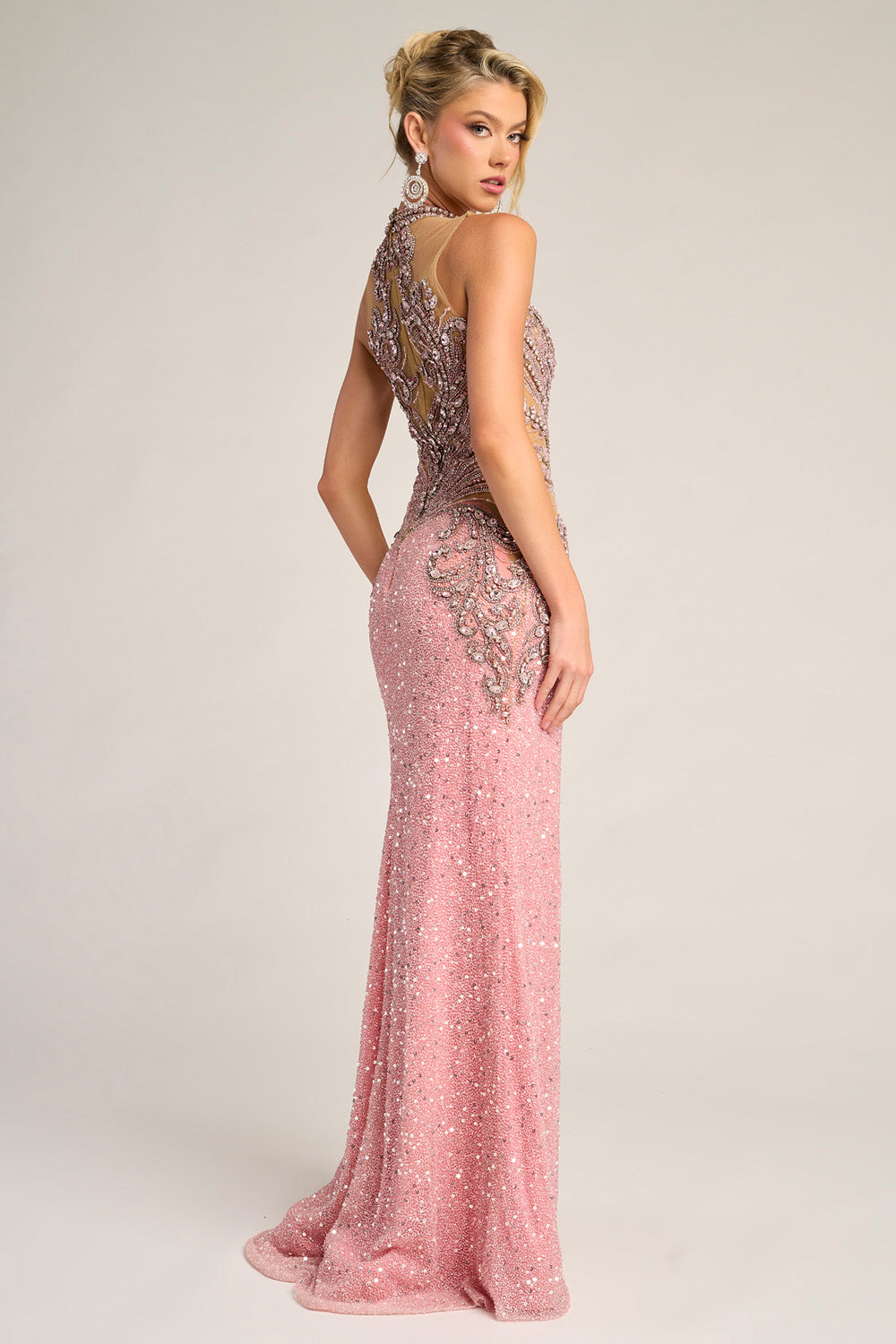 Portia and Scarlett PS26436c Pink silver mermaid prom dress with intricate beading and a stunning back design.