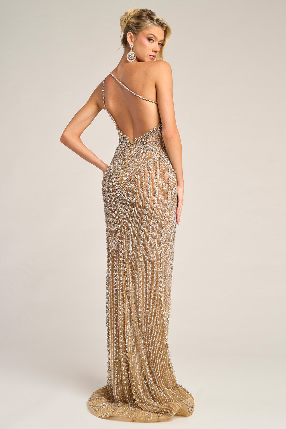 Portia and Scarlett PS26447c Nude silver mermaid prom dress with intricate beading and open back design.