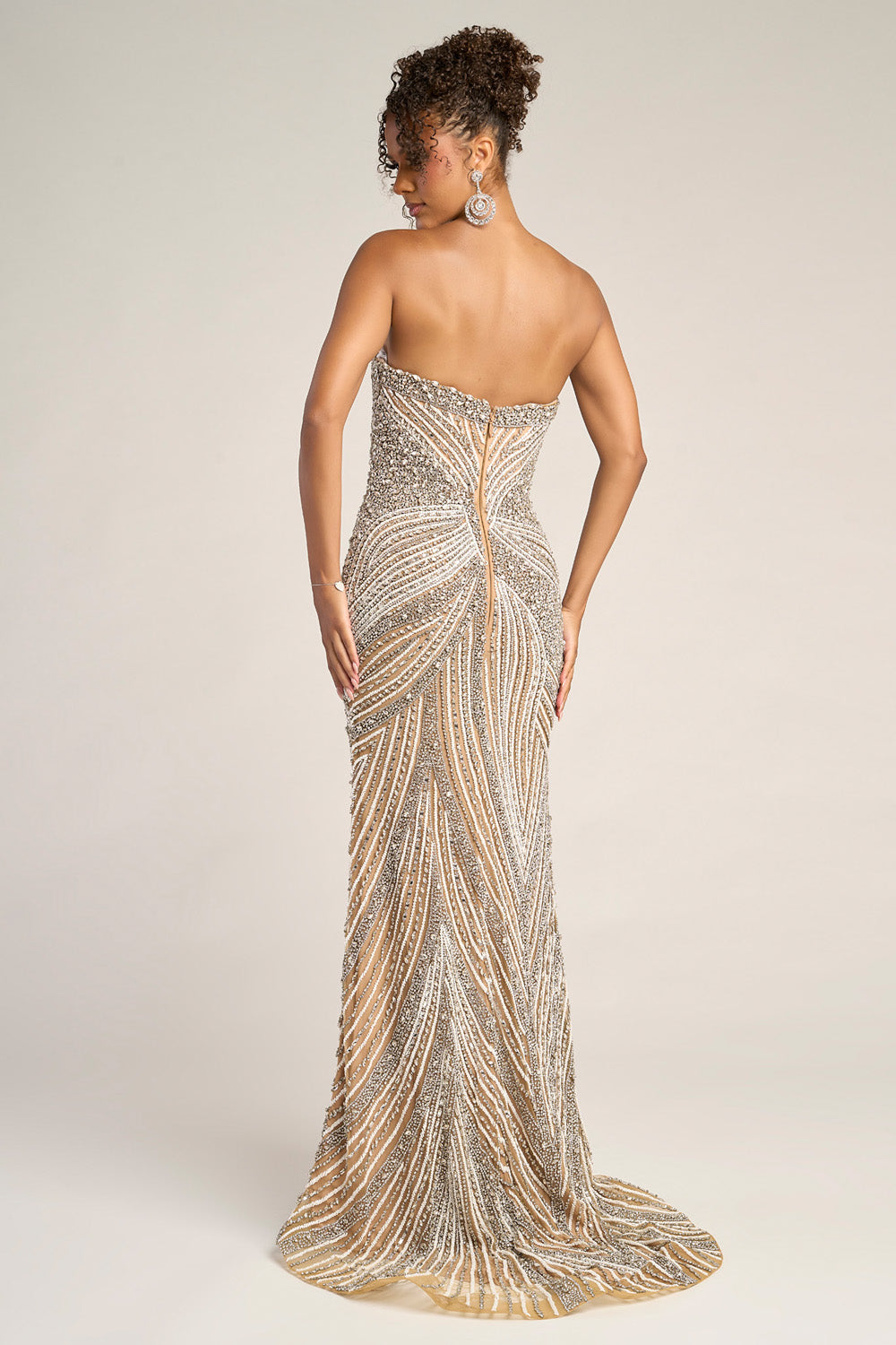 Portia and Scarlett PS26448c Nude silver mermaid prom dress with intricate beading, back view.