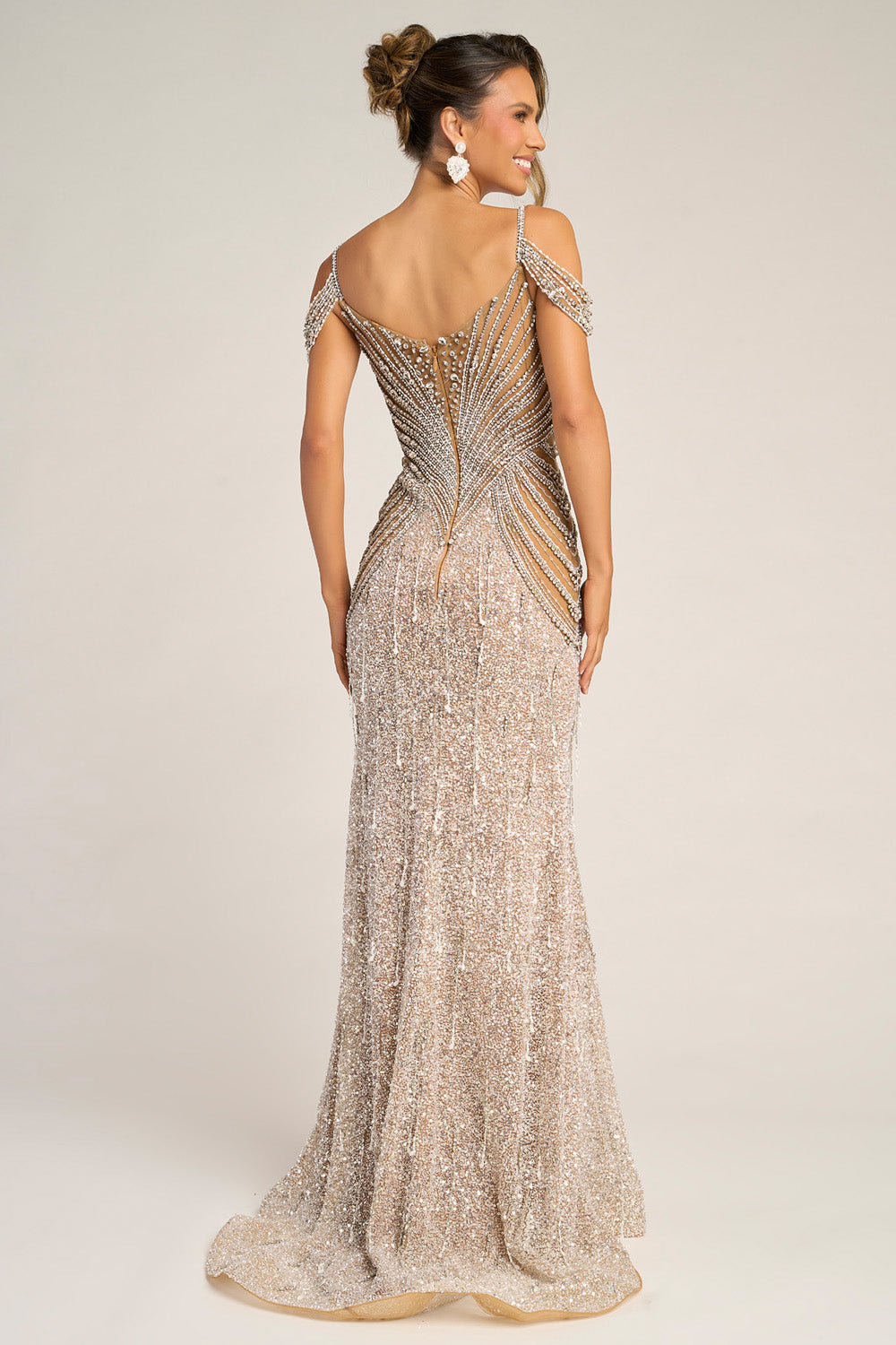Portia and Scarlett PS26449c Nude silver mermaid prom dress with stunning beaded detailing, back view.