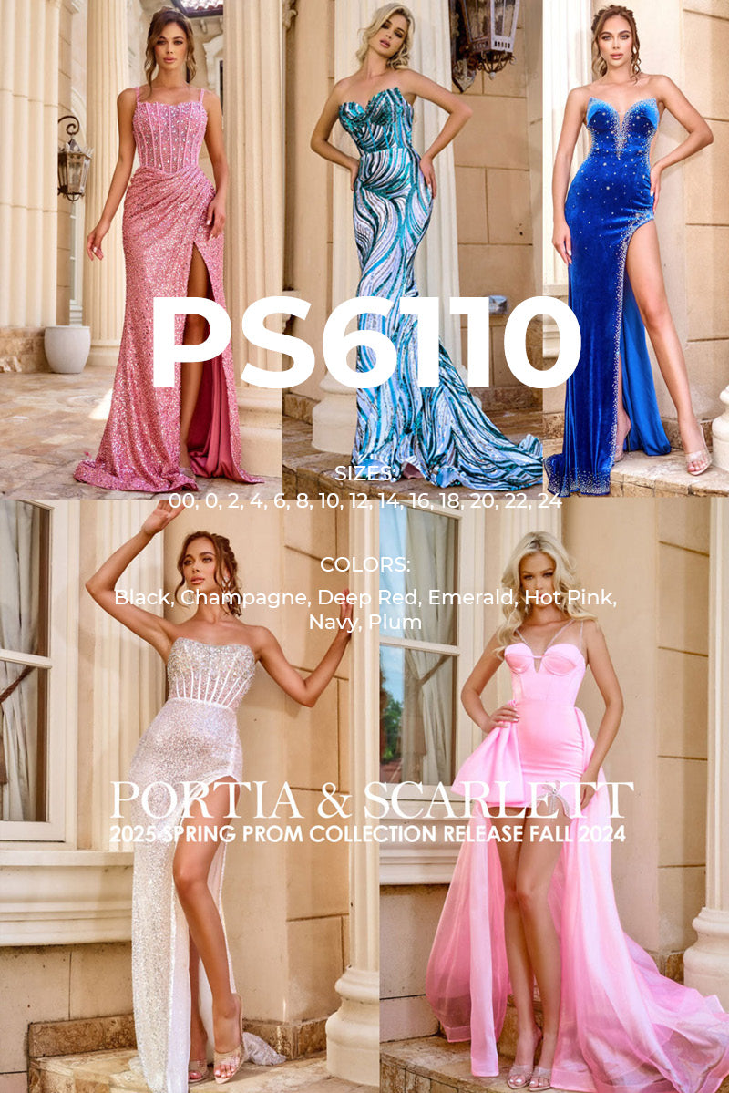 Portia and Scarlett PS6110 prom dress images. Portia and Scarlett PS6110 is available in these colors: Black, Champagne, Deep Red, Emerald, Hot Pink, Navy, Plum.