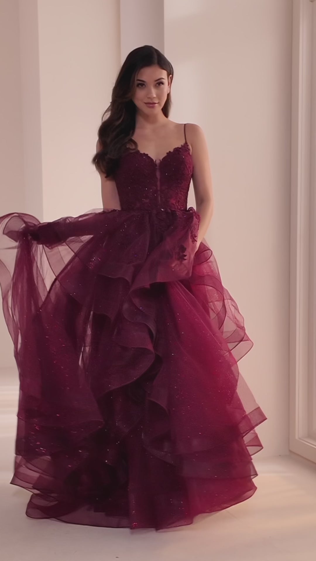Ellie Wilde EW36203 ball gown prom dress video.  Ellie Wilde EW36203 is available in these colors: Diamond White, Light Blue, Light Yellow, Fuschia, Dark Plum, Black, Navy Blue, Royal Blue, Merlot.