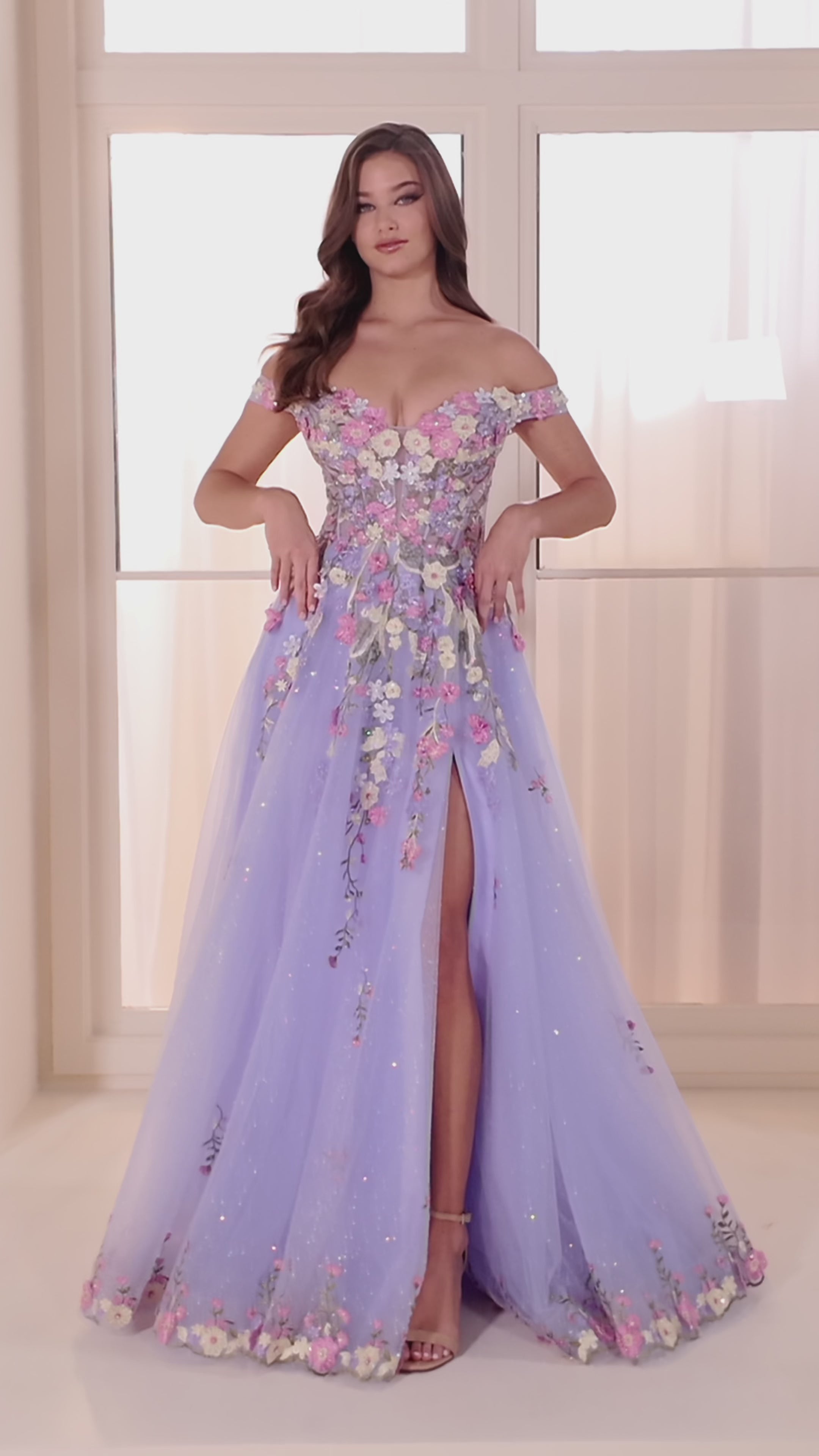 Ellie Wilde EW36215 a-line prom dress video. Ellie Wilde EW36215 is available in these colors: Periwinkle Multi, Dark Purple Multi.