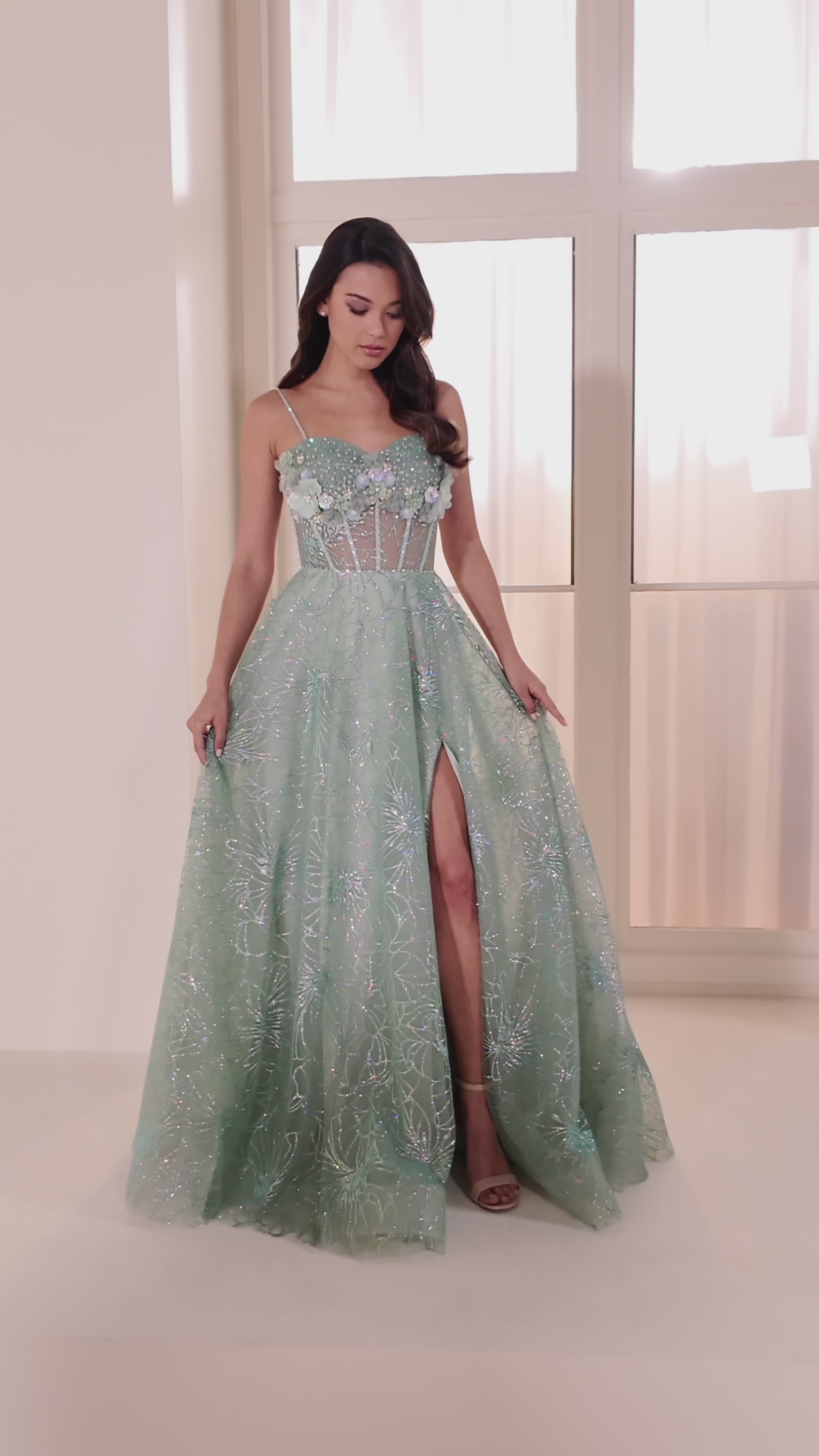 Ellie Wilde EW36218 a-line prom dress video. Ellie Wilde EW36218 is available in these colors: Sage Multi, Lilac Multi, Slate Multi.