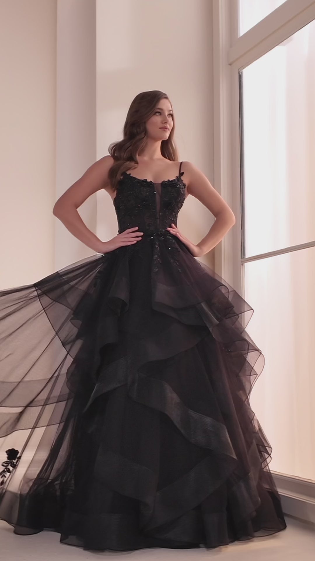 Ellie Wilde EW36225 ball gown prom dress video.  Ellie Wilde EW36225 is available in these colors: Emerald, Wine, Dark Plum, Black, Blue Haze.