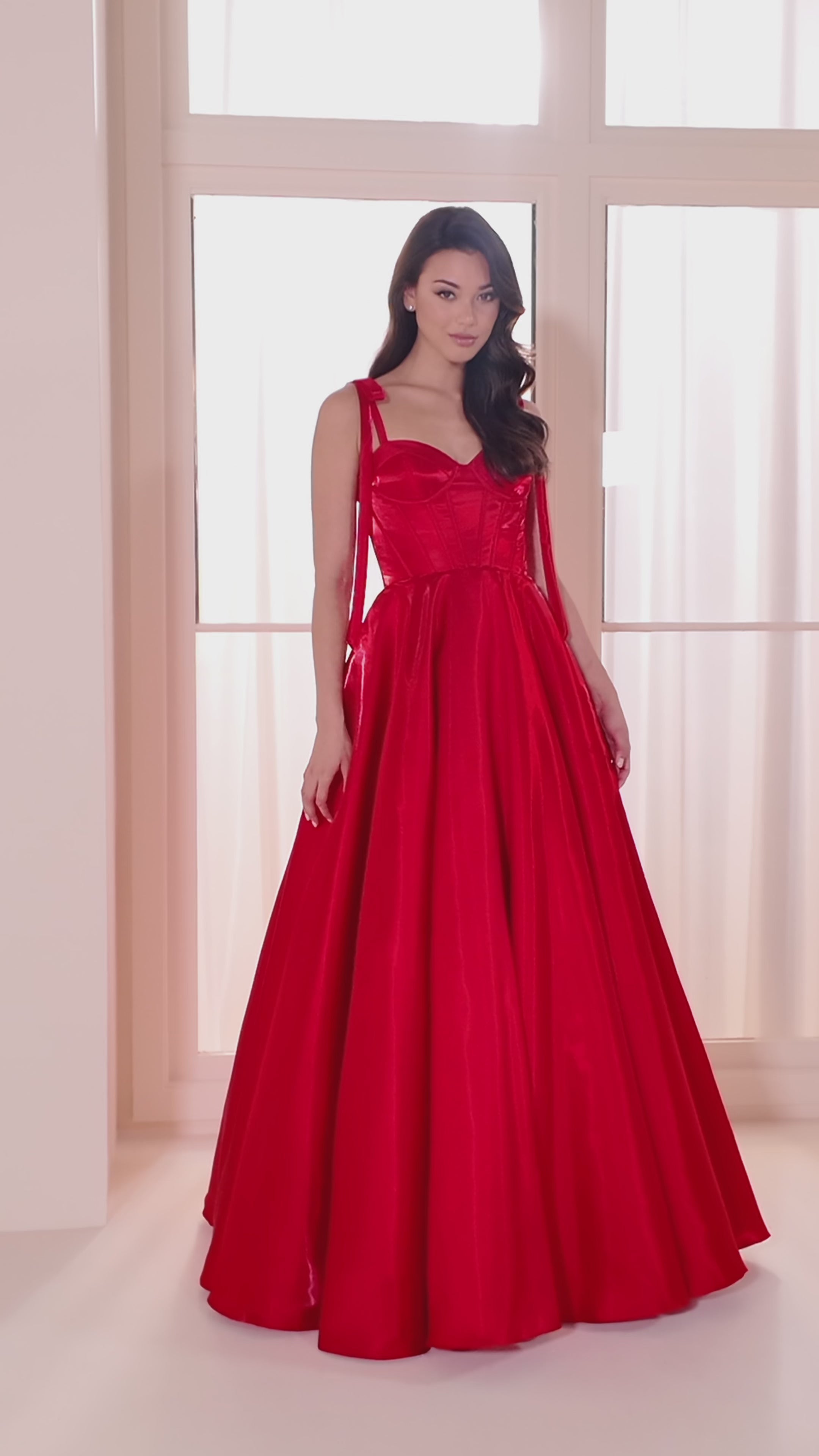 Ellie Wilde EW36210 ball gown prom dress video.  Ellie Wilde EW36210 is available in these colors: Red, Light Rose, Navy Blue, Diamond White.