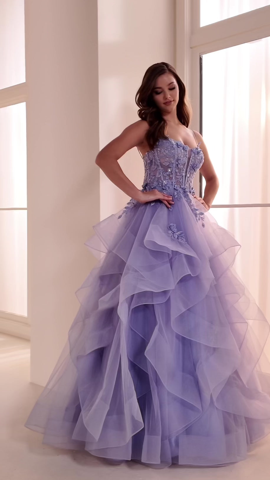 Ellie Wilde EW36225 ball gown prom dress video.  Ellie Wilde EW36225 is available in these colors: Emerald, Wine, Dark Plum, Black, Blue Haze.