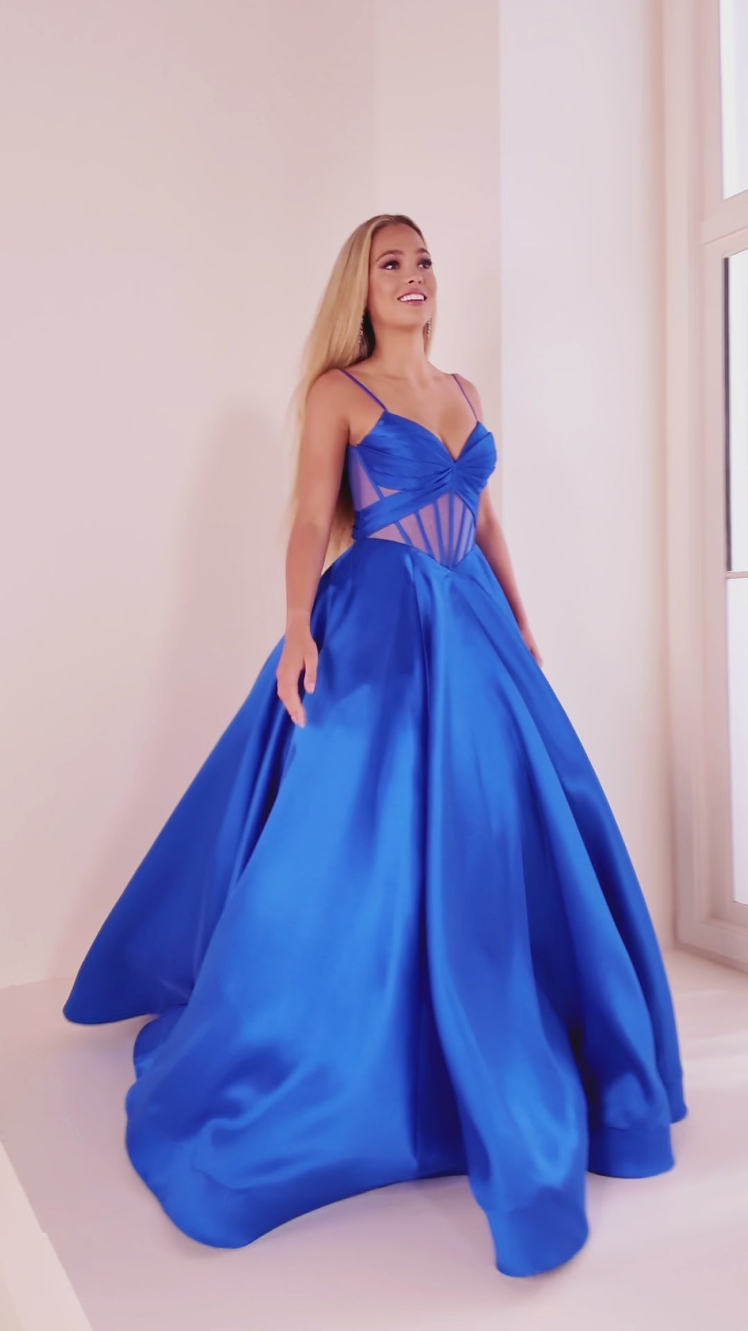 Ellie Wilde EW36073 ball gown prom dress video. Ellie Wilde EW36073 is available in these colors: Royal Blue, Red, Black, Blue Hydrangea, Diamond White.