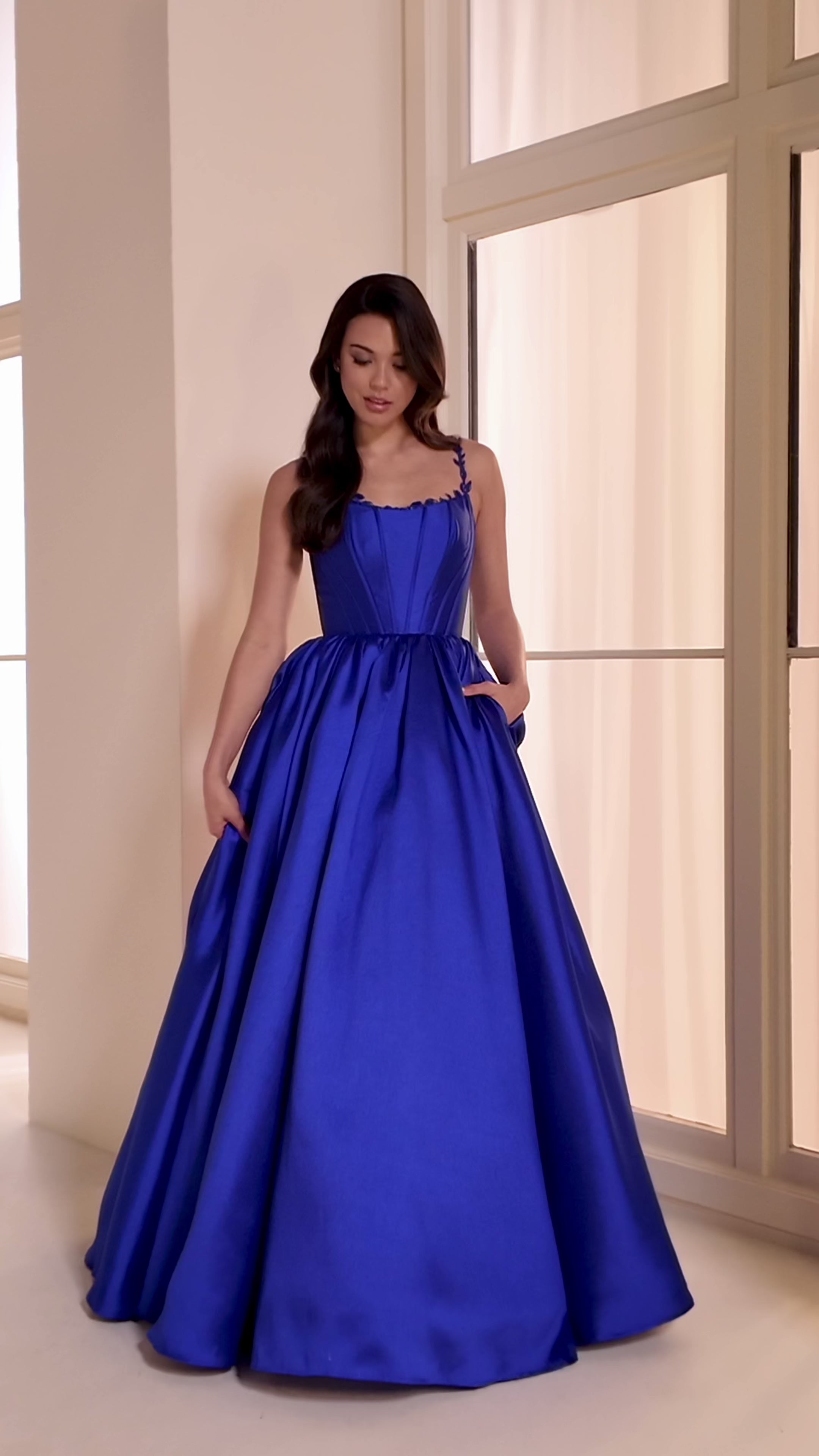 Ellie Wilde EW36221 ball gown prom dress video.  Ellie Wilde EW36221 is available in these colors: Diamond White, Royal Blue, Teal.