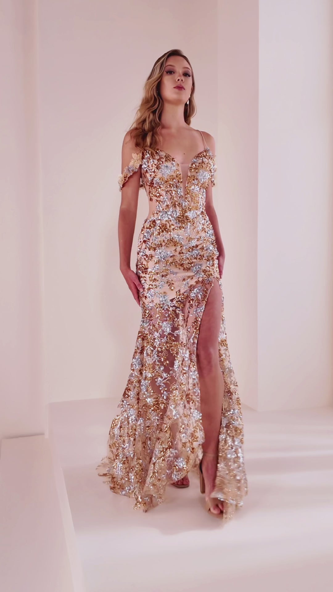 Ellie Wilde EW36057 mermaid prom dress video. Ellie Wilde EW36057 is available in these colors: Gold Silver, Lavender, Sapphire, Purple Rain, Ice Blue.
