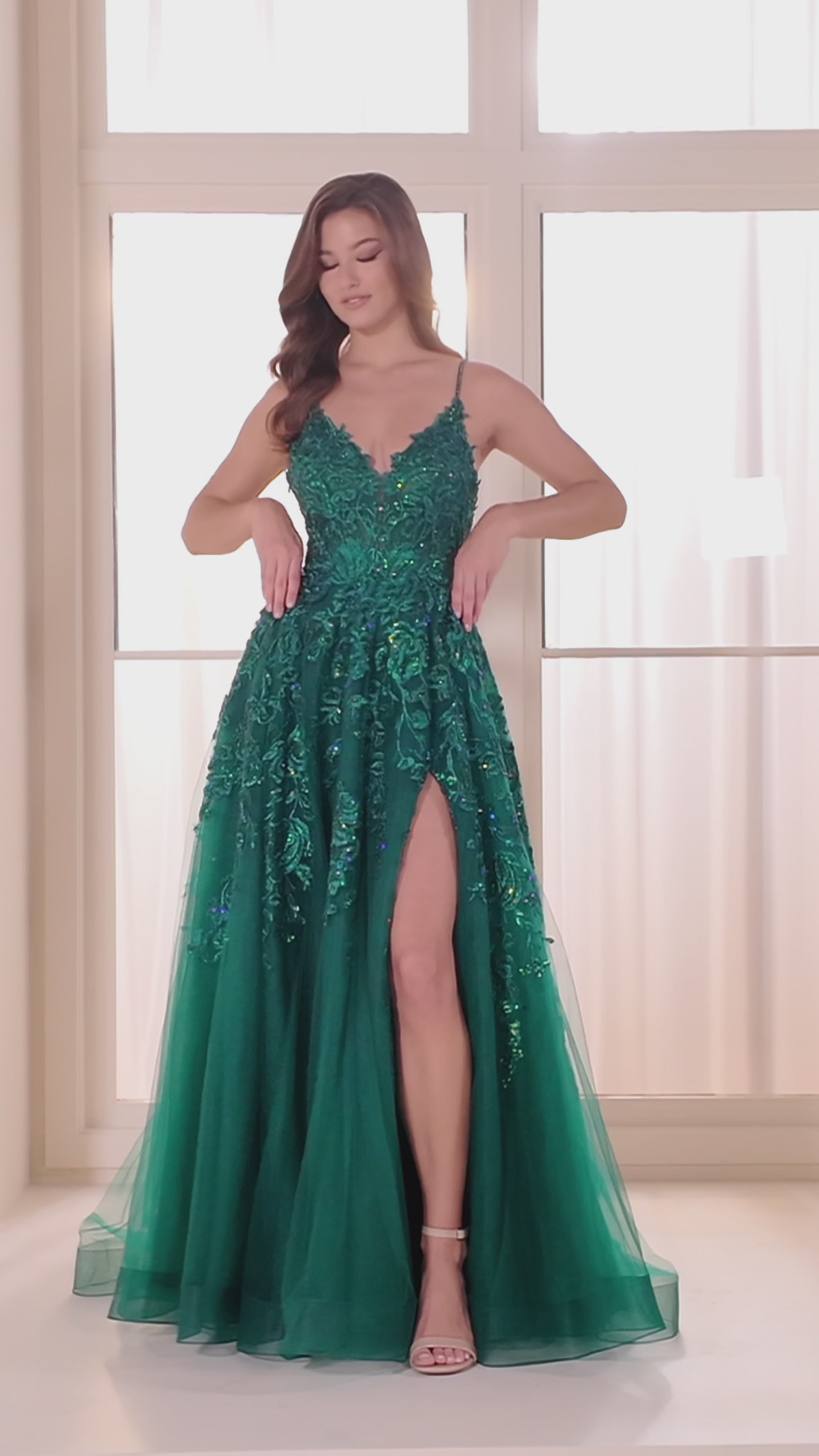 Ellie Wilde EW36206 a-line prom dress video.  Ellie Wilde EW36206 is available in these colors: Emerald, Bluebell.