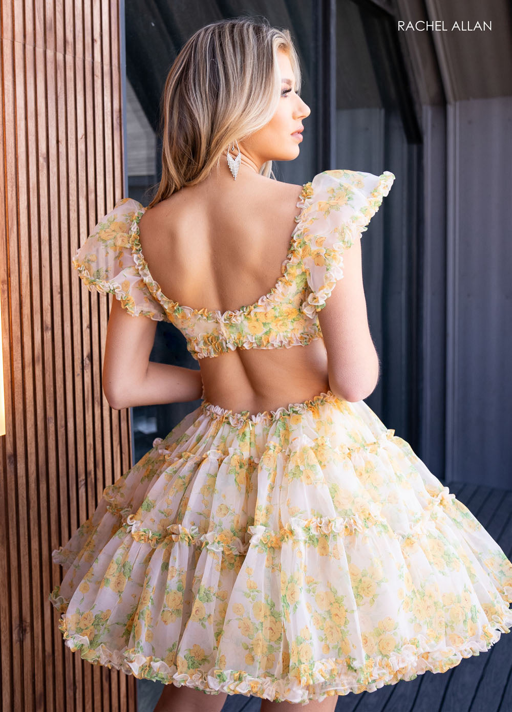 Rachel Allan 40408 prom dress images. Rachel Allan 40408 is available in these colors: White Print, Yellow Print.
