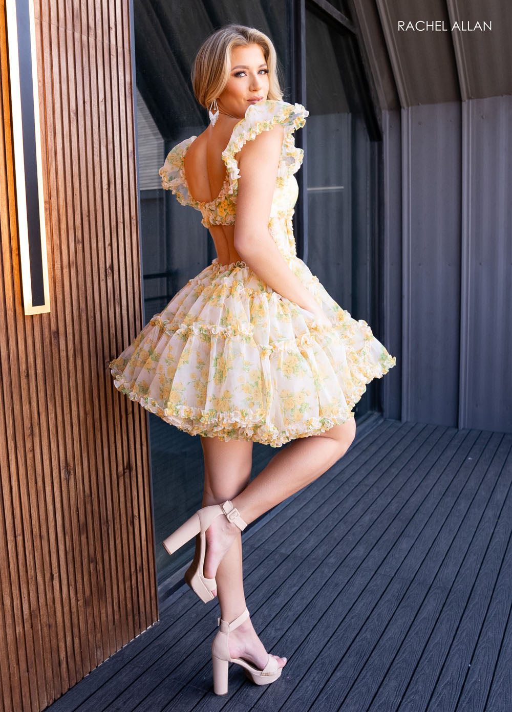 Rachel Allan 40408 prom dress images. Rachel Allan 40408 is available in these colors: White Print, Yellow Print.