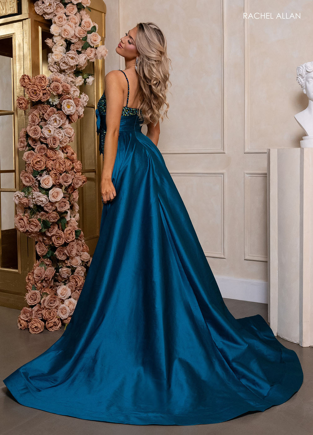 Rachel Allan 40416 prom dress images. Rachel Allan 40416 is available in these colors: Black Aqua, Black Peacock, Black Red, Purple.