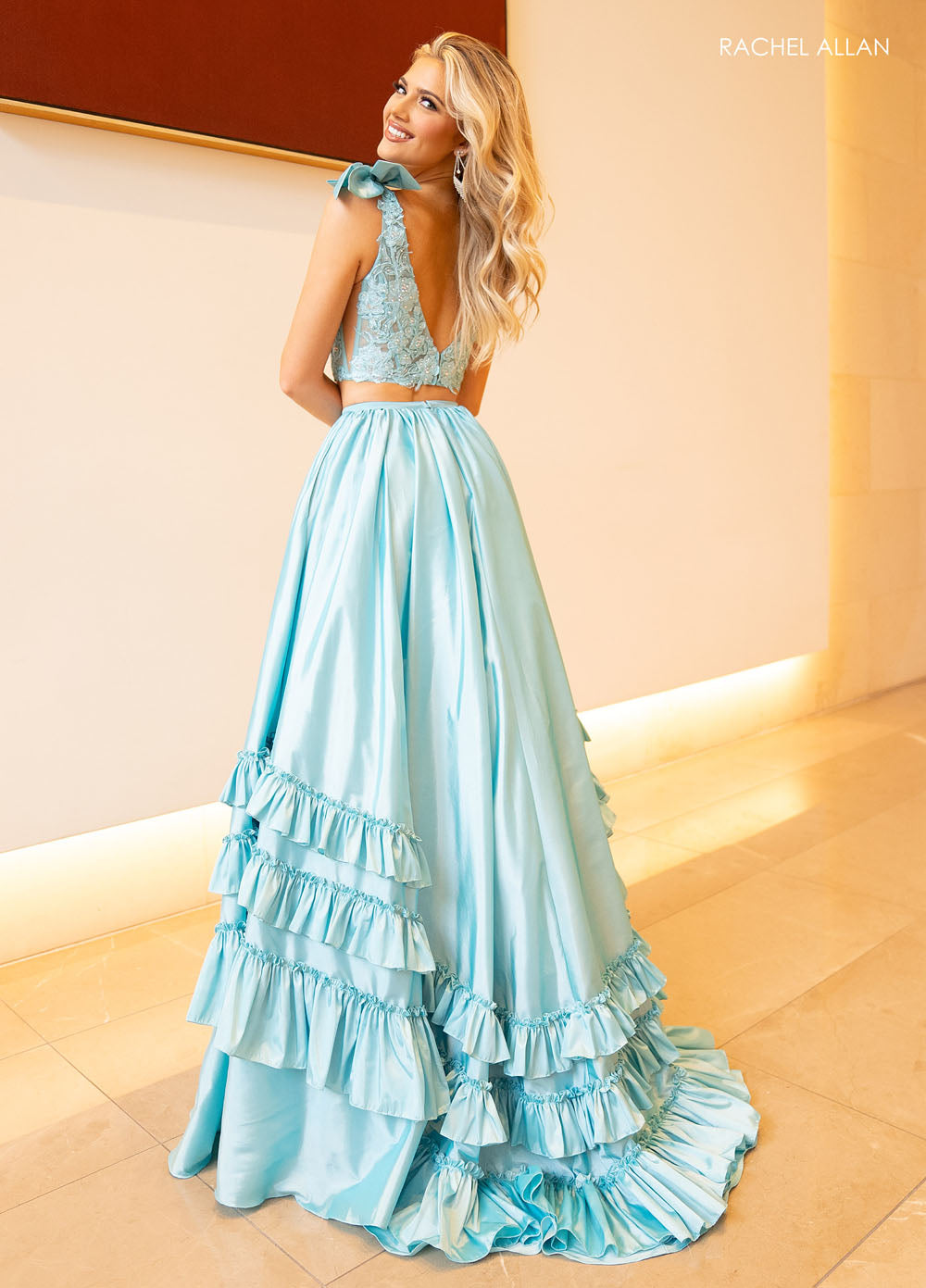 Rachel Allan 70718 prom dress images.  Rachel Allan 70718 is available in these colors: Aqua, Pink, Red.
