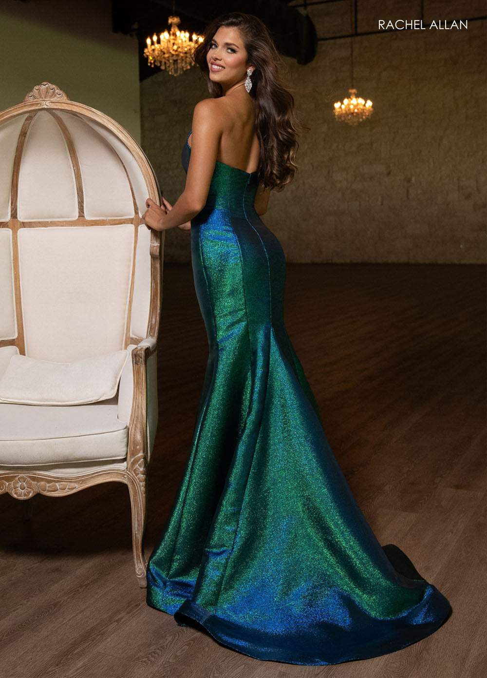 Rachel Allan 70743 prom dress images. Rachel Allan 70743 is available in these colors: Fuchsia Shimmer, Lilac Shimmer, Peacock Shimmer.