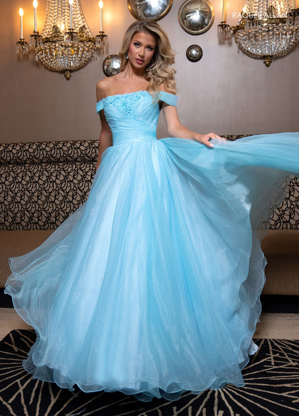 Rachel Allan 70865 prom dress images. Rachel Allan 70865 is available in these colors: Aqua, Pink, Red.