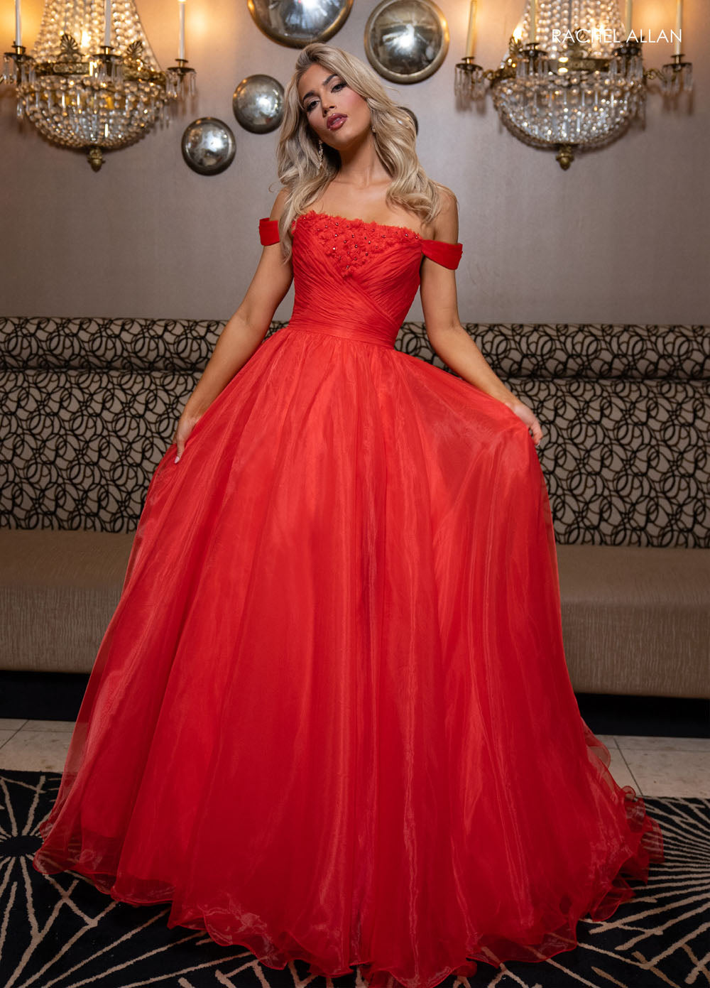 Rachel Allan 70865 prom dress images. Rachel Allan 70865 is available in these colors: Aqua, Pink, Red.