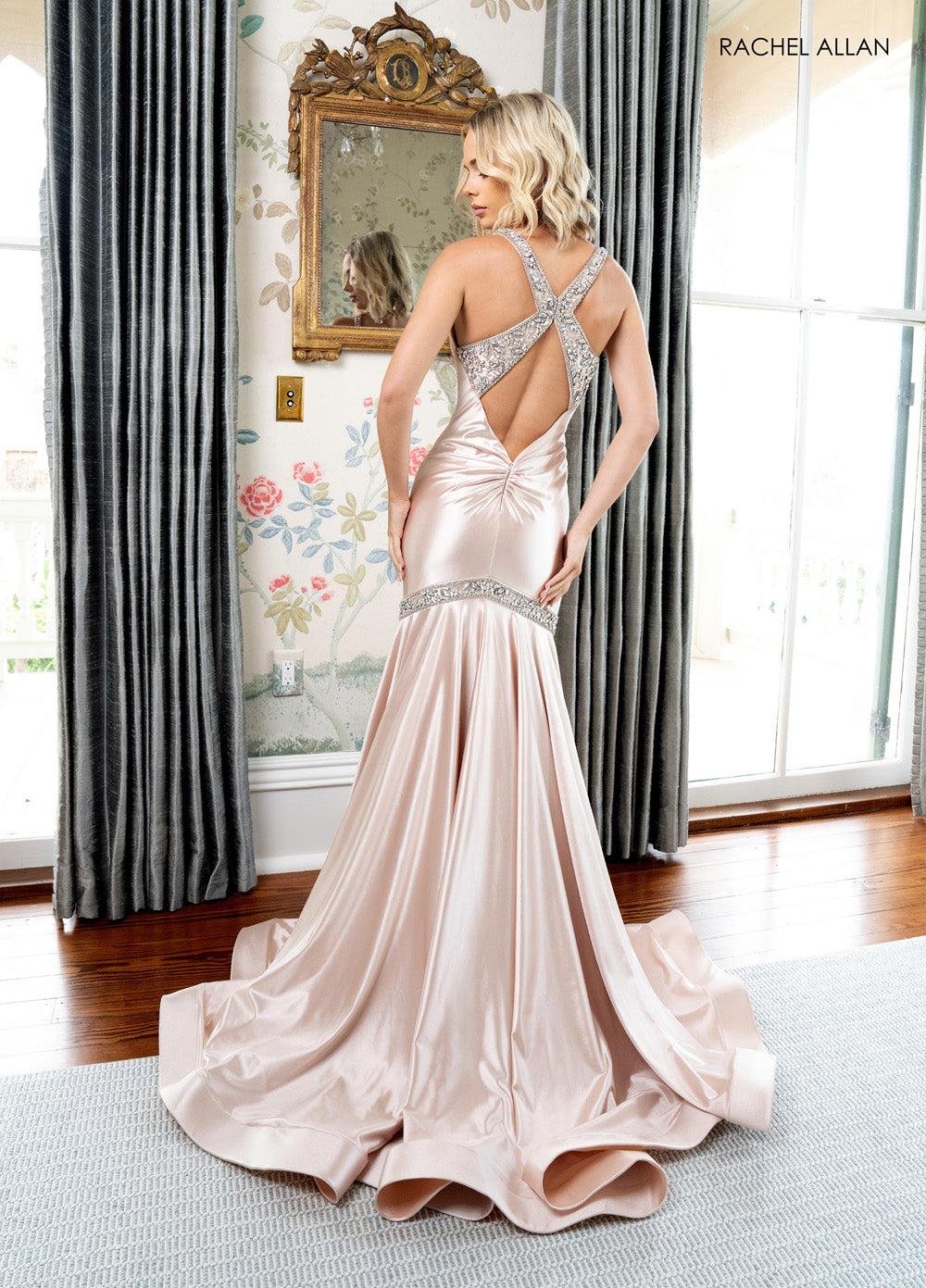 Rachel Allan 70932 Champagne mermaid prom dress with crystal beading and lace-up back.