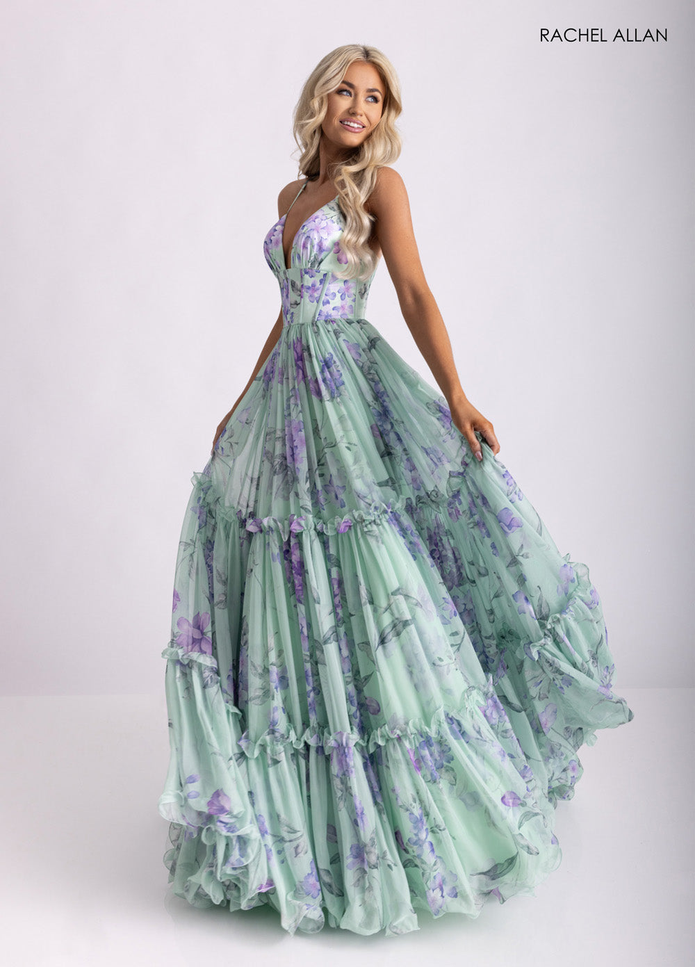 Rachel Allan 70935 Sage multi prom dress with a lace-up back and flowing ruffled skirt.