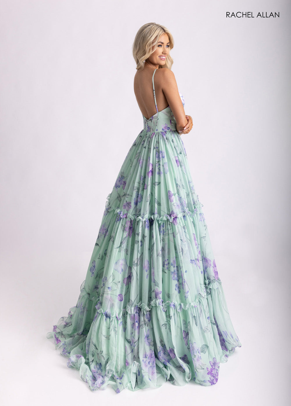 Rachel Allan 70935 Sage multi prom dress with a lace-up back and tiered ruffle skirt.