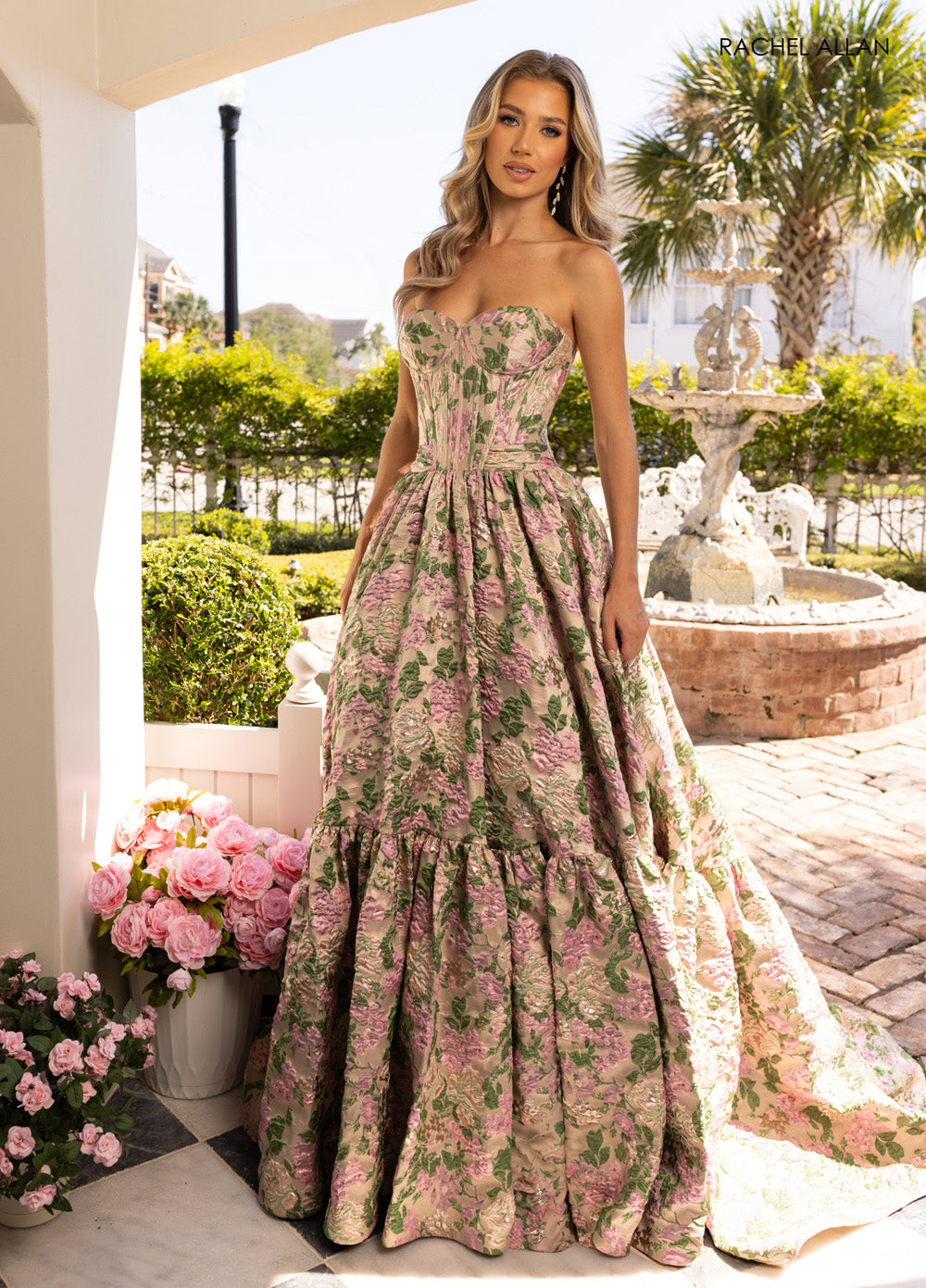 Rachel Allan 70939 Strapless floral prom dress with a corset bodice and full skirt in pink and green.
