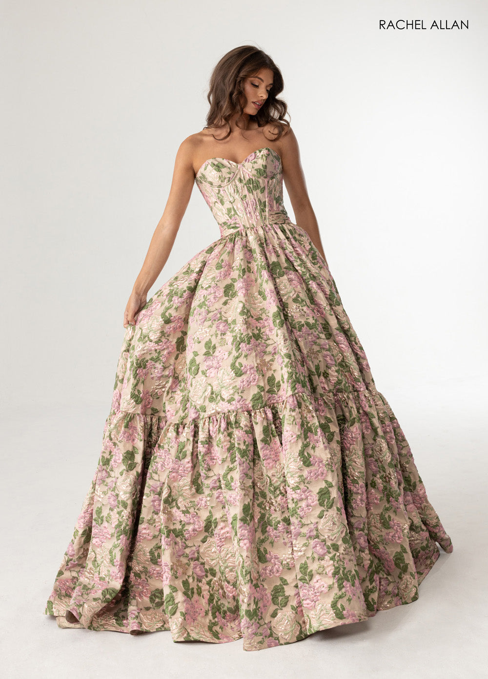 Rachel Allan 70939 Strapless floral ballgown in champagne with a corset bodice and full skirt prom dress.
