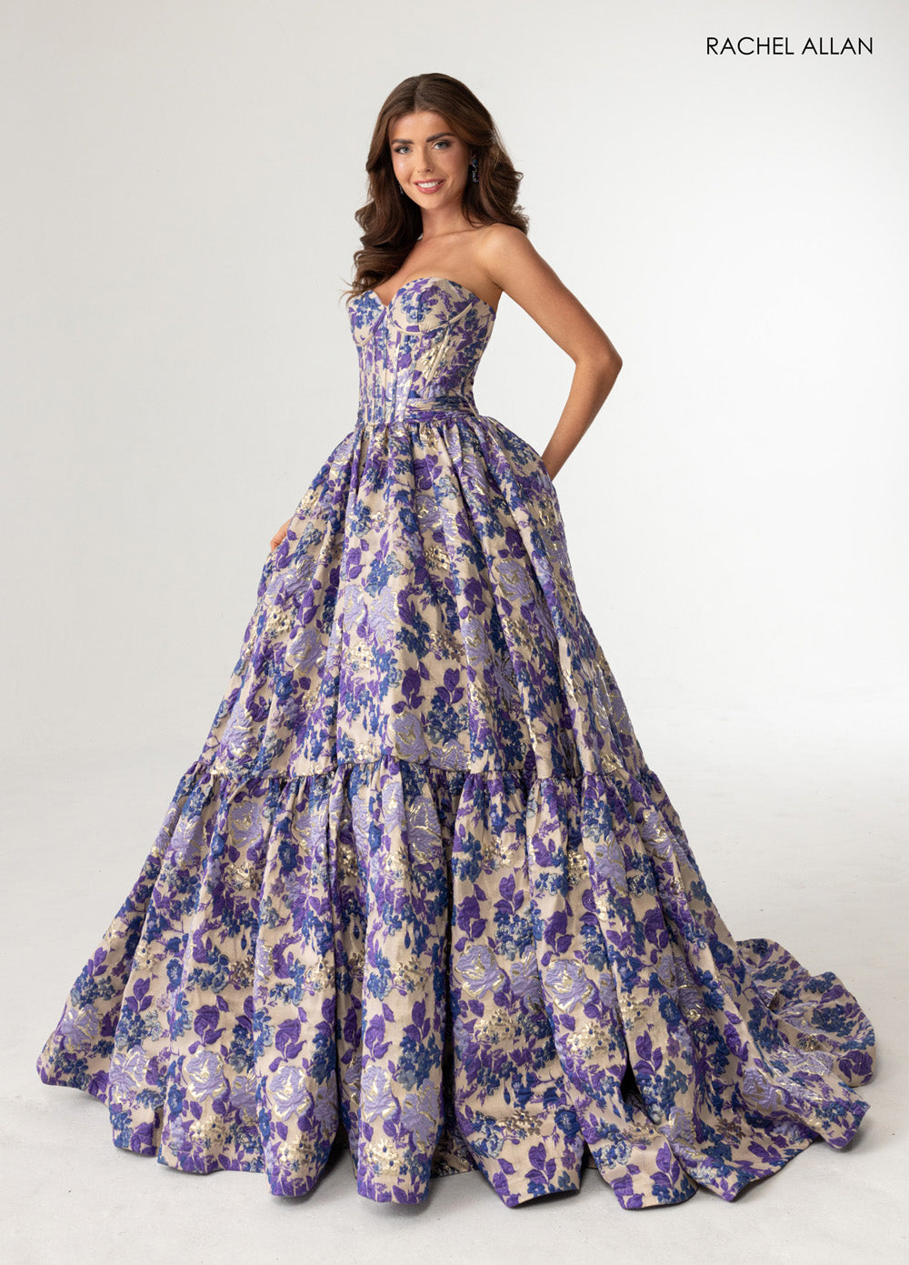 Rachel Allan 70939 Champagne floral ballgown with corset bodice and layered skirt for prom prom dress.