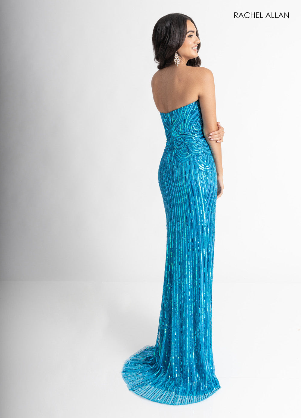 Rachel Allan 70948 Fitted turquoise prom dress with sequins and a stunning lace-up back.