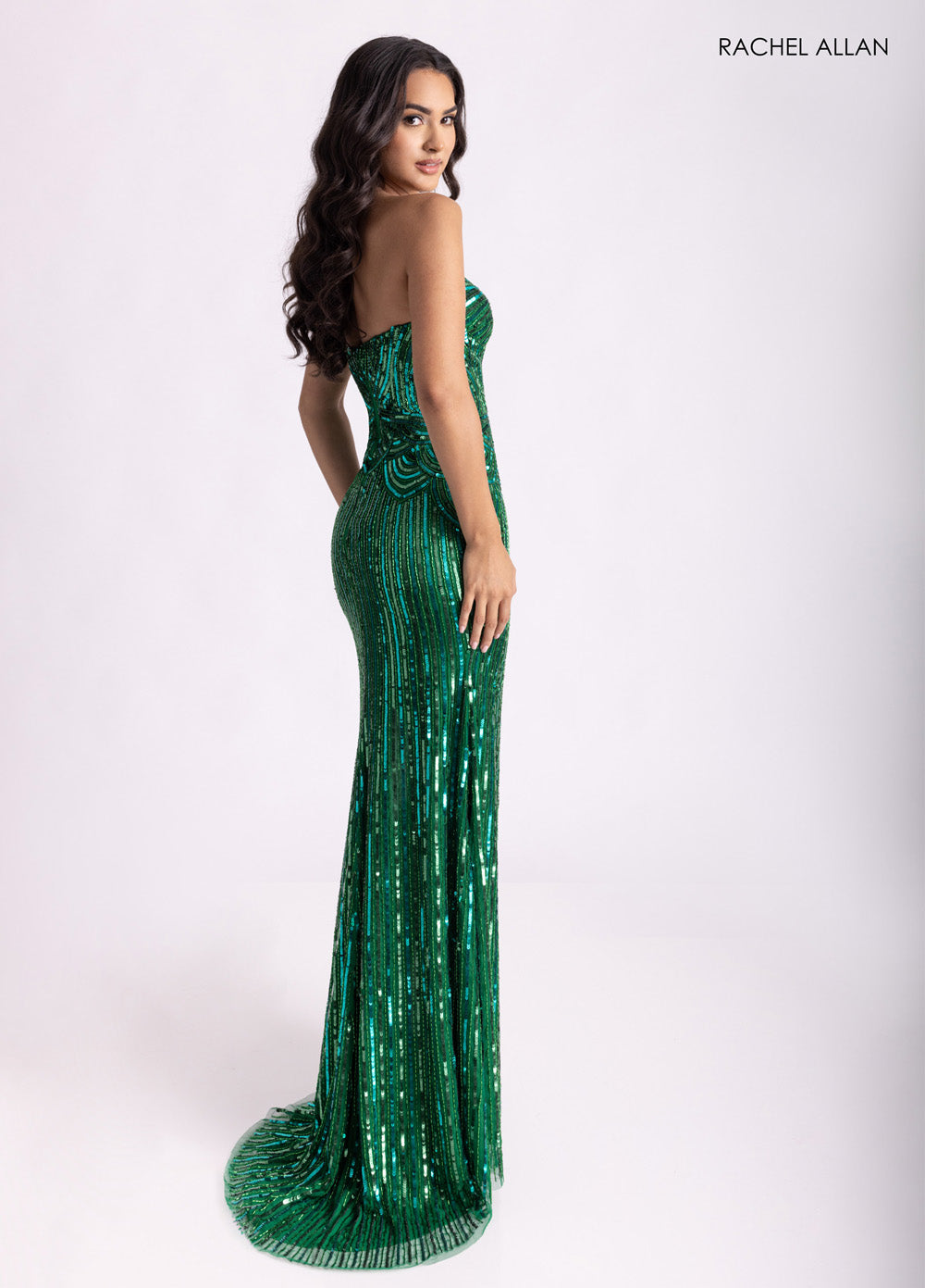 Rachel Allan 70948 Emerald green mermaid prom dress with stunning beading, side view.