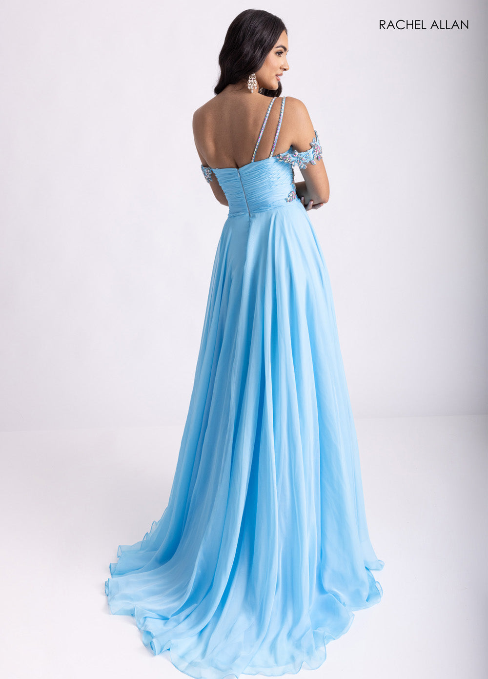 Rachel Allan 70951 Sky blue formal gown with corset bodice and lace-up back, back view.