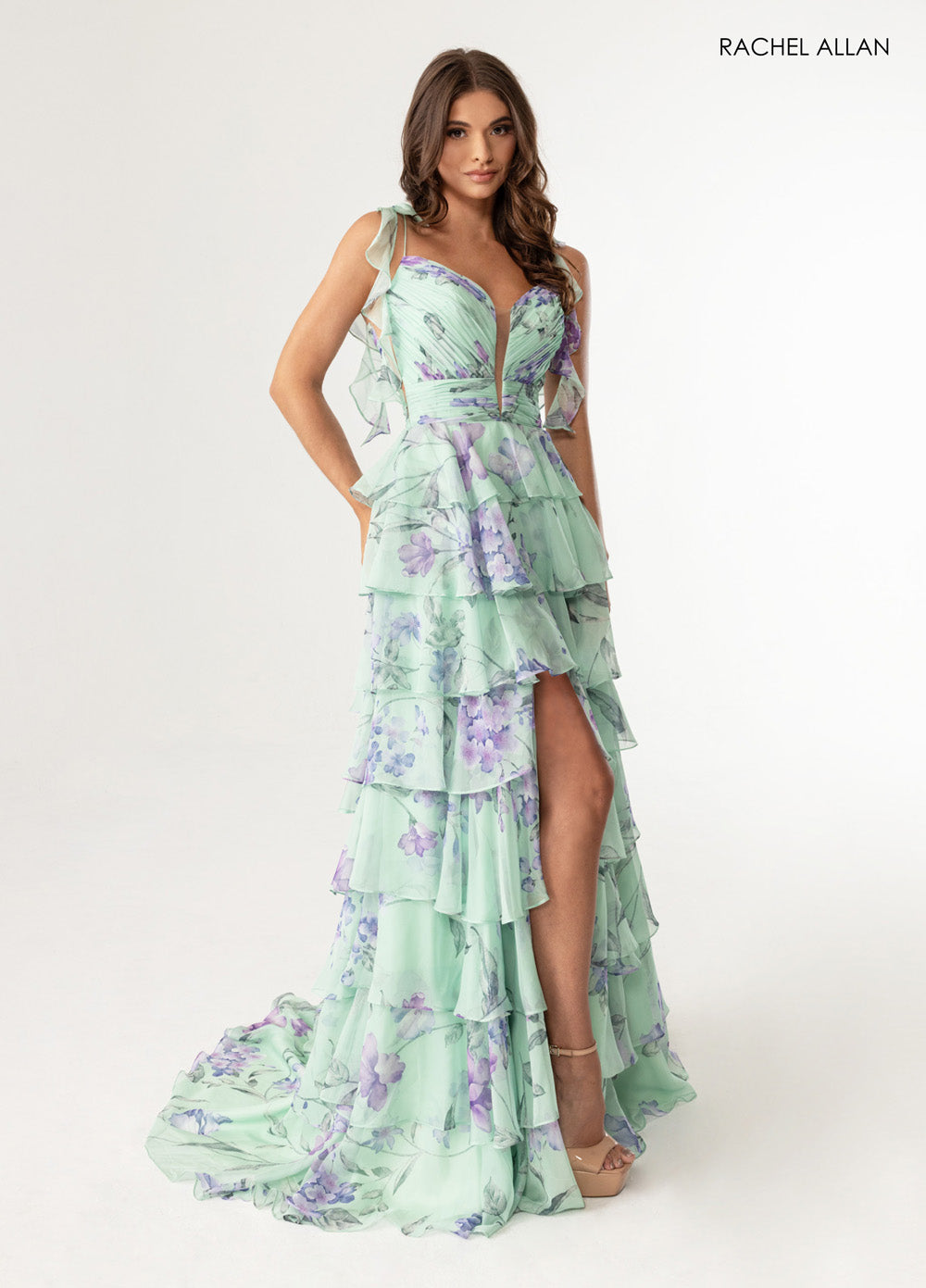 Rachel Allan 70953 Sky blue multi prom dress with corset bodice and high slit, front view.