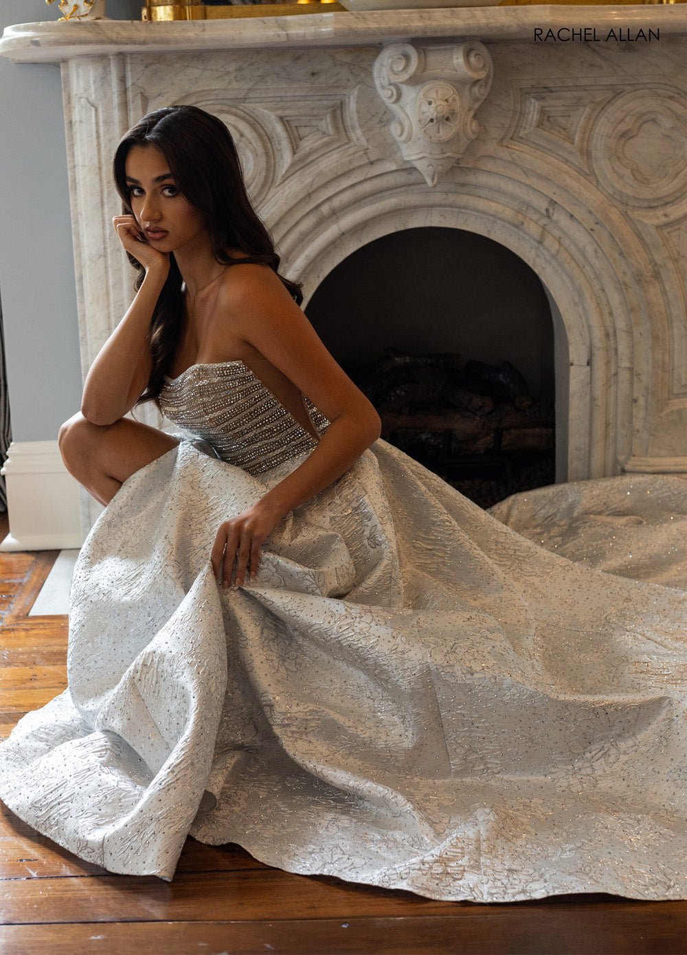 Rachel Allan 70956 Silver nude prom dress with corset bodice and crystal beading, A-line silhouette.