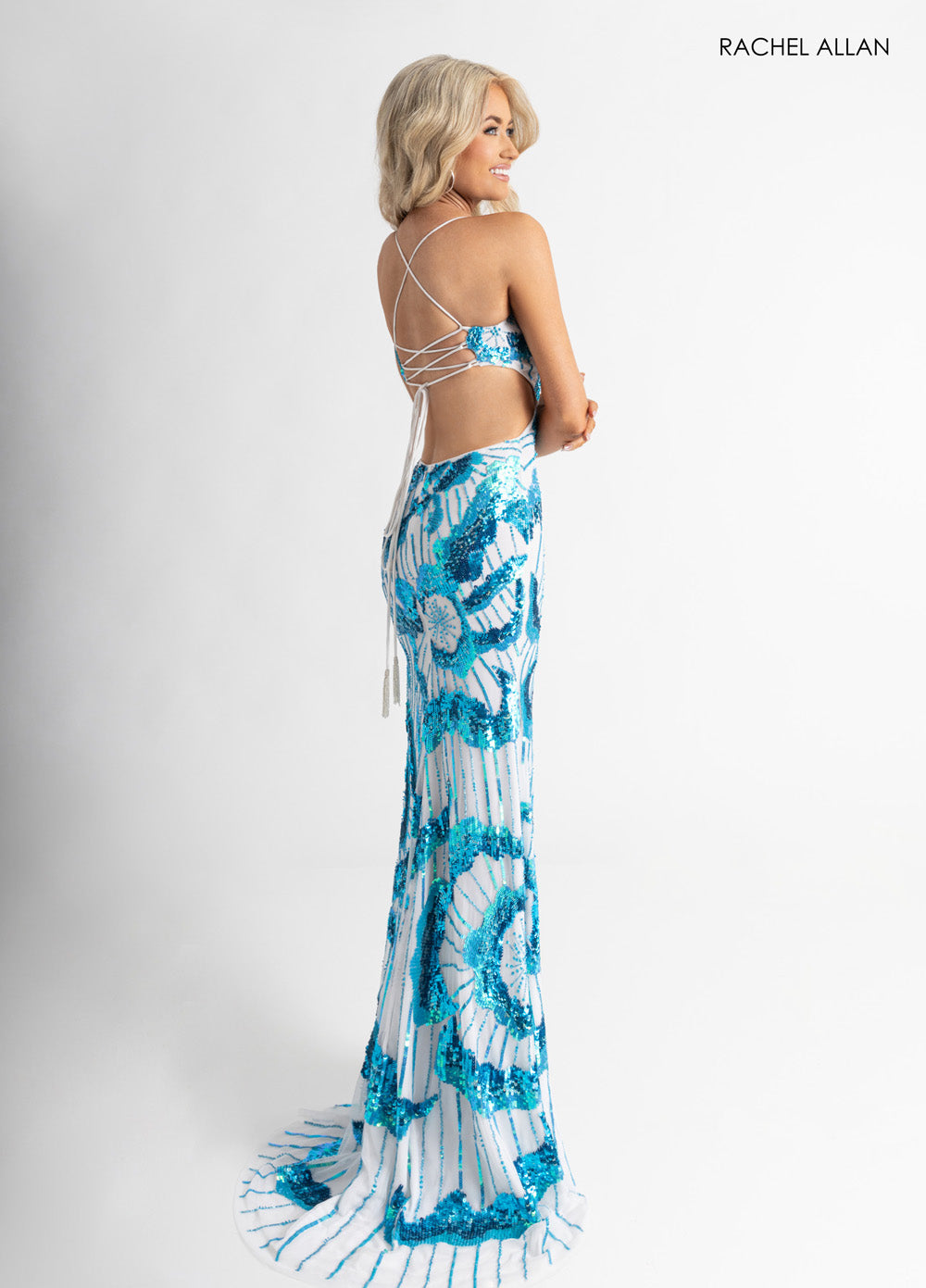 Rachel Allan 70962 Blue and white fitted prom dress with a lace-up back and sequined floral design.