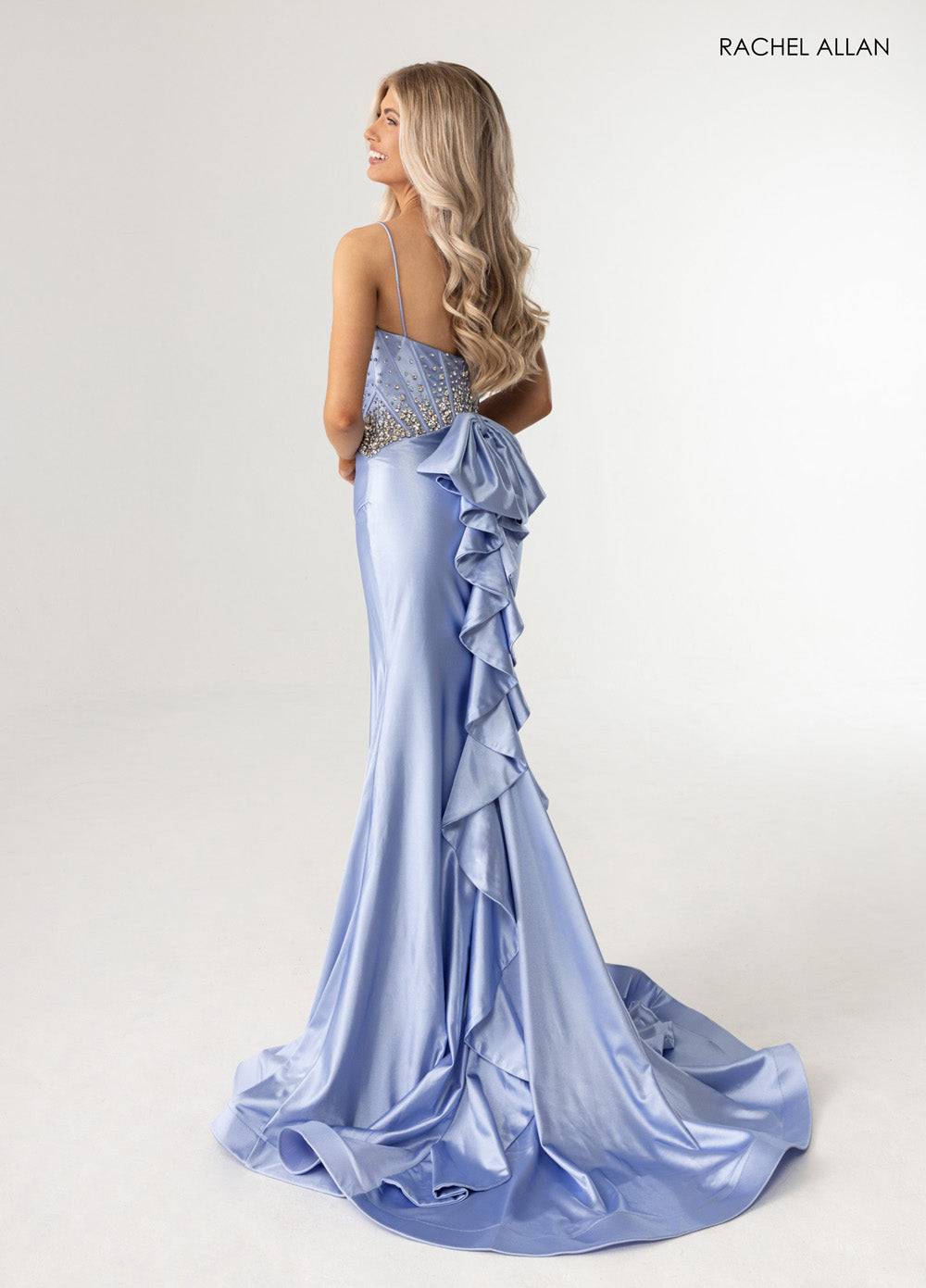 Rachel Allan 70971 Cloud blue prom dress with corset bodice and cascading ruffle skirt.