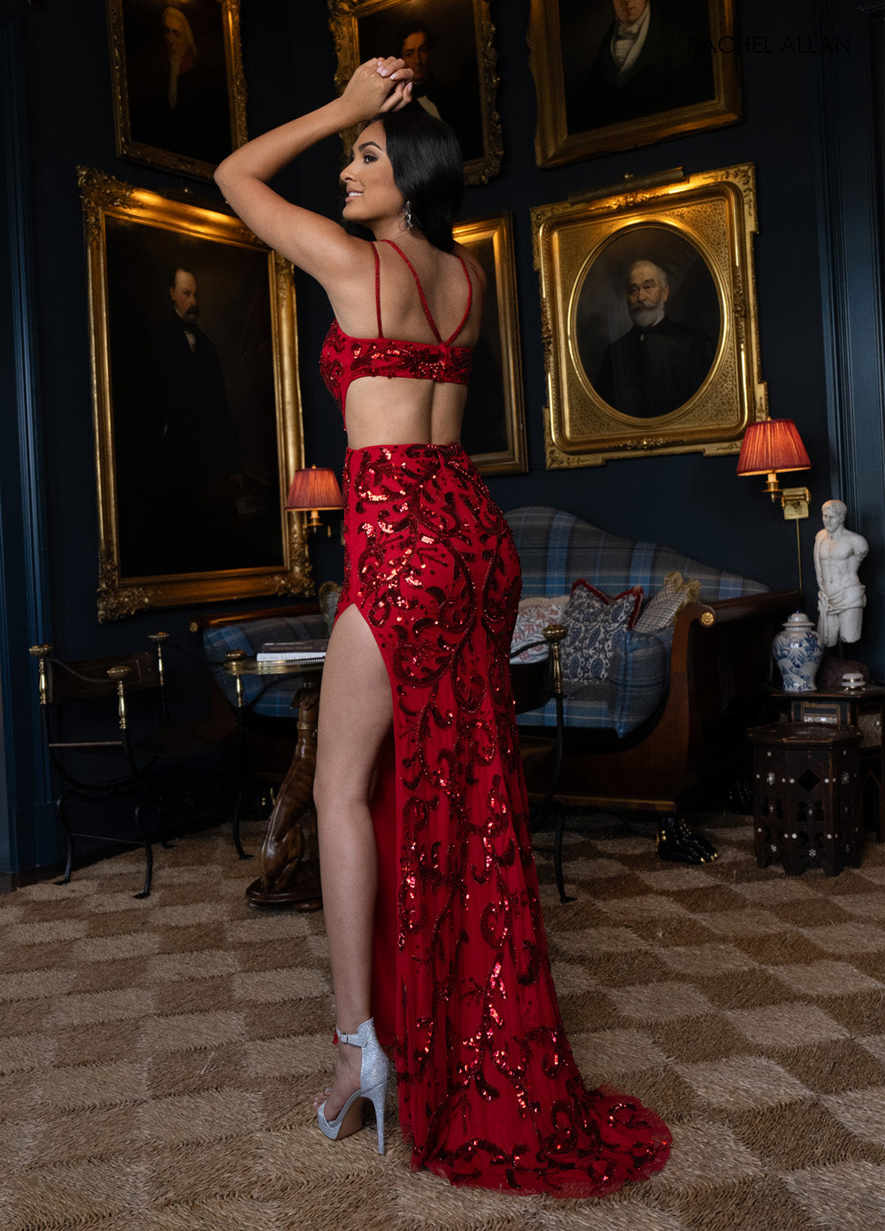 Rachel Allan 70977 Red mermaid prom dress with beading and high slit, back view.