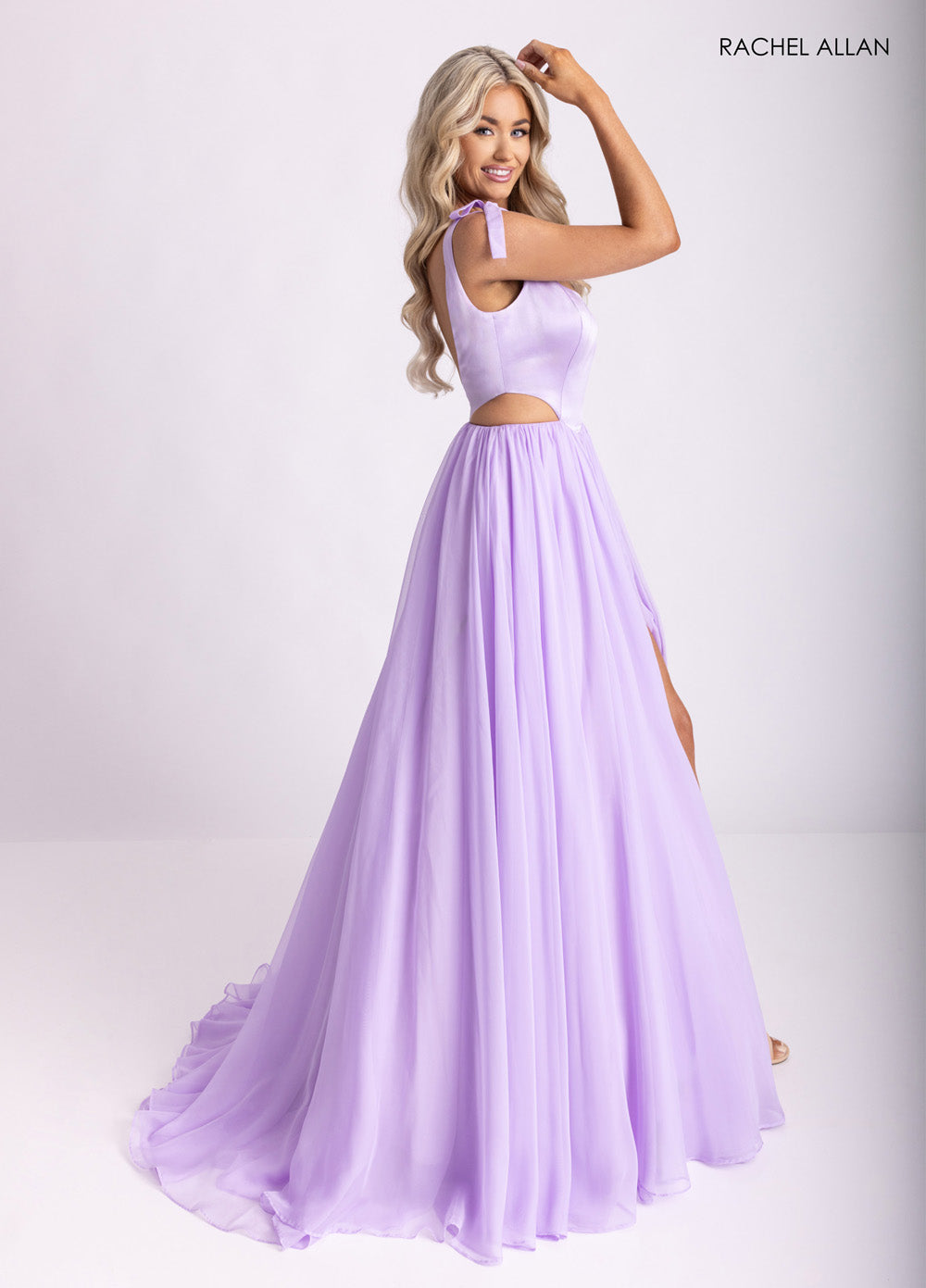 Rachel Allan 70980 Lilac A-line prom dress with lace-up back and flowing chiffon skirt.