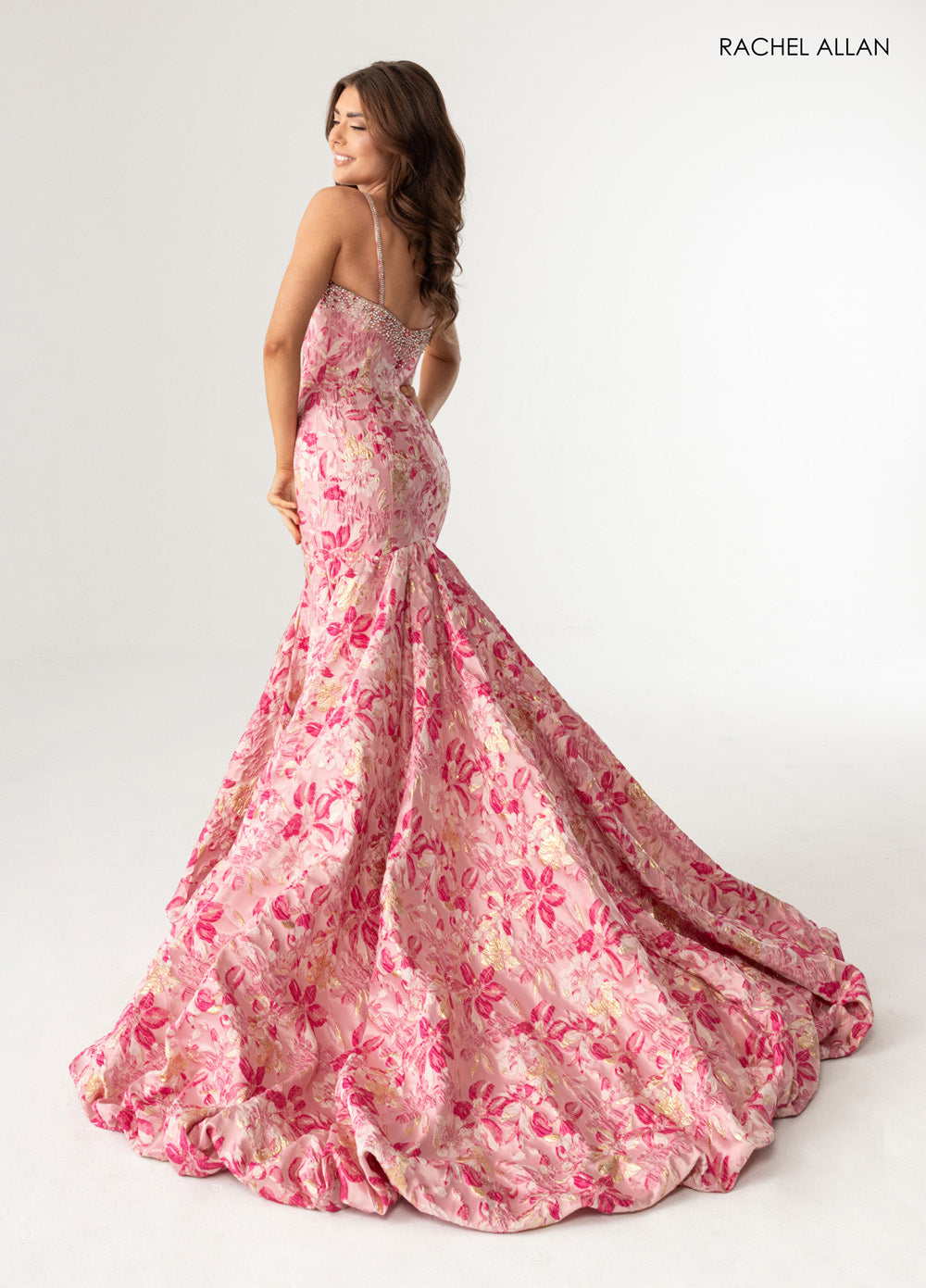 Rachel Allan 70988 Light pink mermaid prom dress with crystal beading and lace-up back detail.