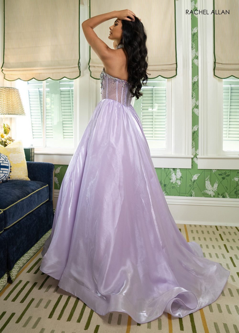 Rachel Allan 70998 Lilac ballgown prom dress with corset bodice and elegant lace-up back.