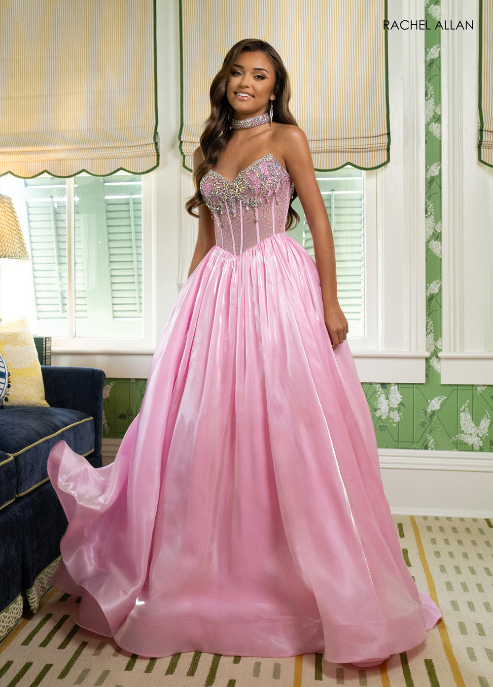 Rachel Allan 70998 Pink ballgown prom dress with crystal beading and a sweetheart neckline.