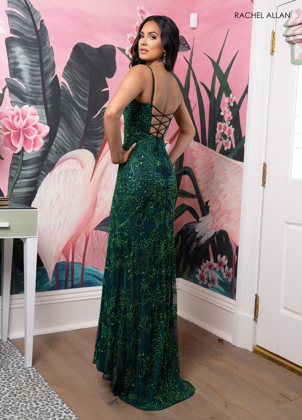 Rachel Allan 70999 Hunter emerald formal gown with beading and lace-up back, back view.