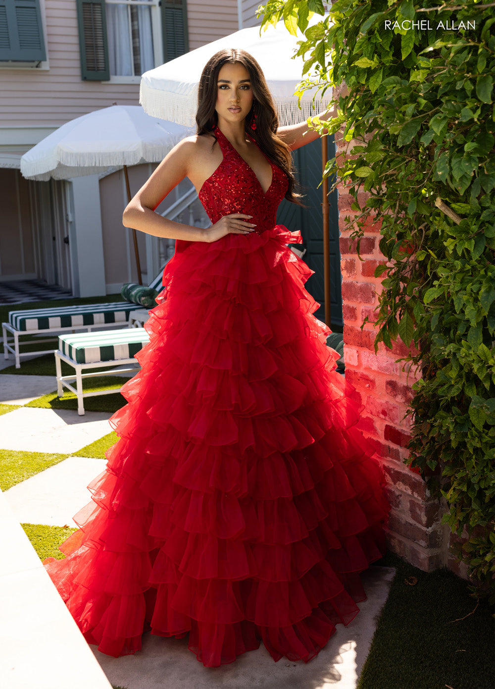 Rachel Allan 71006 Red ballgown prom dress with beaded bodice and layered ruffle skirt.