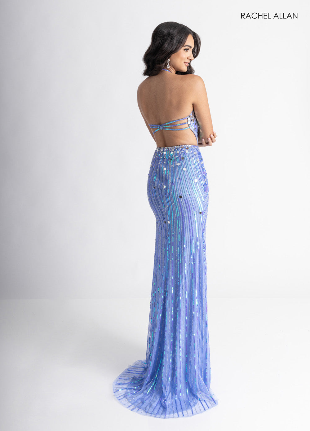 Rachel Allan 71011 Periwinkle mermaid prom dress with beading and a stylish lace-up back.