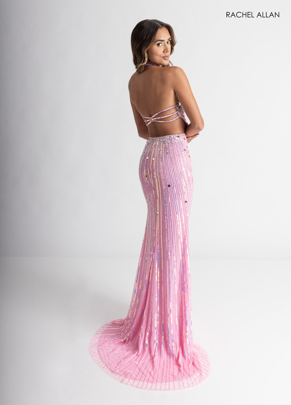 Rachel Allan 71011 Pink mermaid prom dress with beading and a stunning open back view.