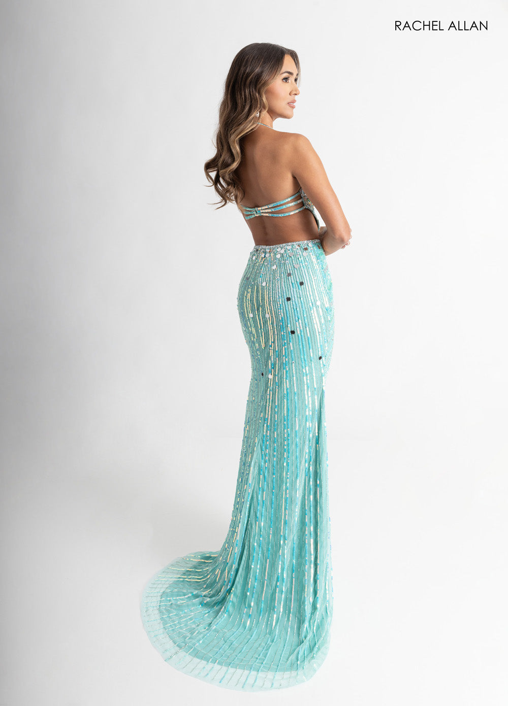 Rachel Allan 71011 Mint mermaid prom dress with beading and a stunning open back view.