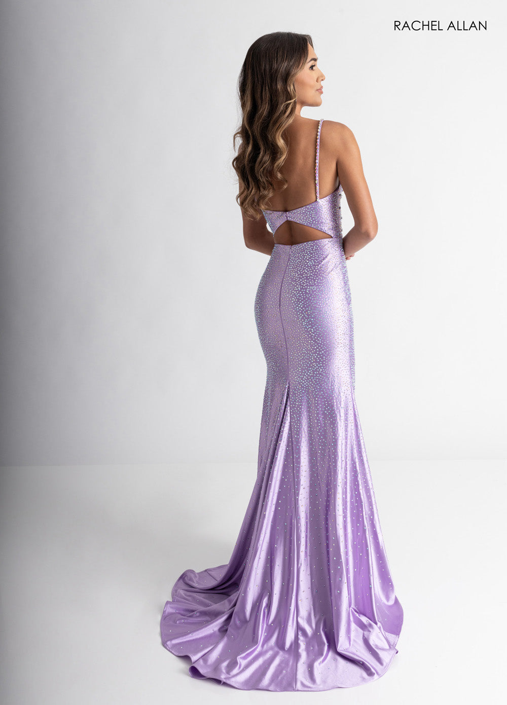 Rachel Allan 71014 Lilac mermaid prom dress with crystal beading and lace-up back, back view.