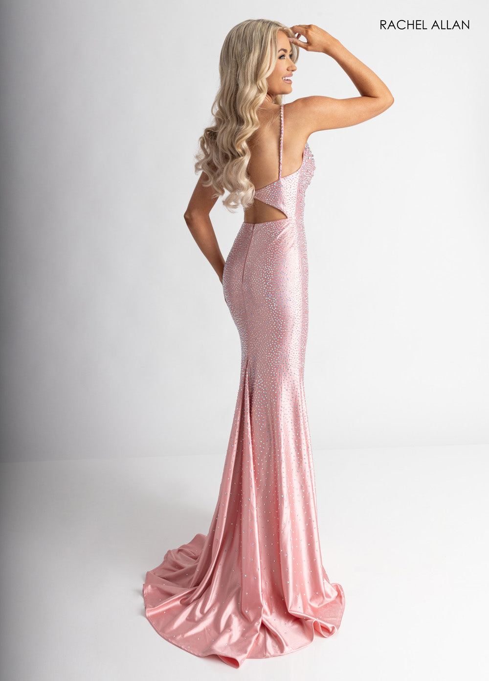 Rachel Allan 71014 Fitted pink prom dress with crystal beading and a dramatic back cutout.