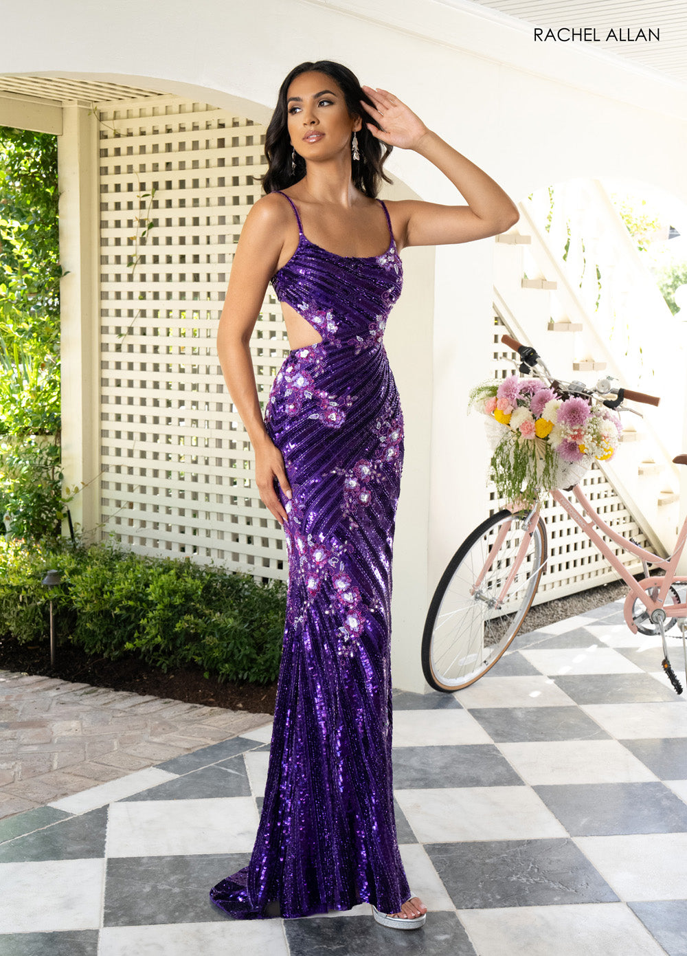 Rachel Allan 71021 Purple sequined mermaid prom dress with cut-out details, side view.